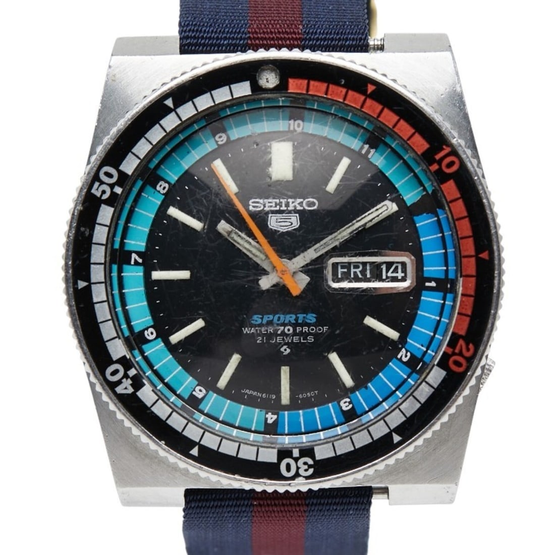 Seiko 5 Sports Watch, Aftermarket Strap, 6119-6050, Automatic Movement, Multicolor Dial, Stainless: --- Catalog ---Category: SizeWrist Size: 17.5cm / 6.88''Case Diameter: 40.8mm / 1.61''Category: DesignType: WristwatchGender: MenColor (Dial): Multi-colorMaterial (Case): Stainless steelCategory: Gene