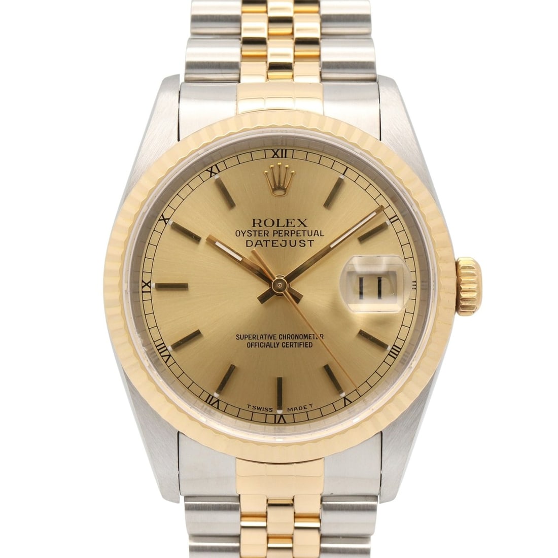 Rolex Datejust T-series wristwatch, 18K (yellow gold) stainless steel, men's, gold-tone, champagne: --- Catalog ---Category: SizeWrist Size: 17cm / 6.69''Case Diameter: 36mm / 1.42''Category: DesignType: WristwatchGender: MenColor (Dial): Champagne, GoldMaterial (Band): Stainless steel, Yellow gold 