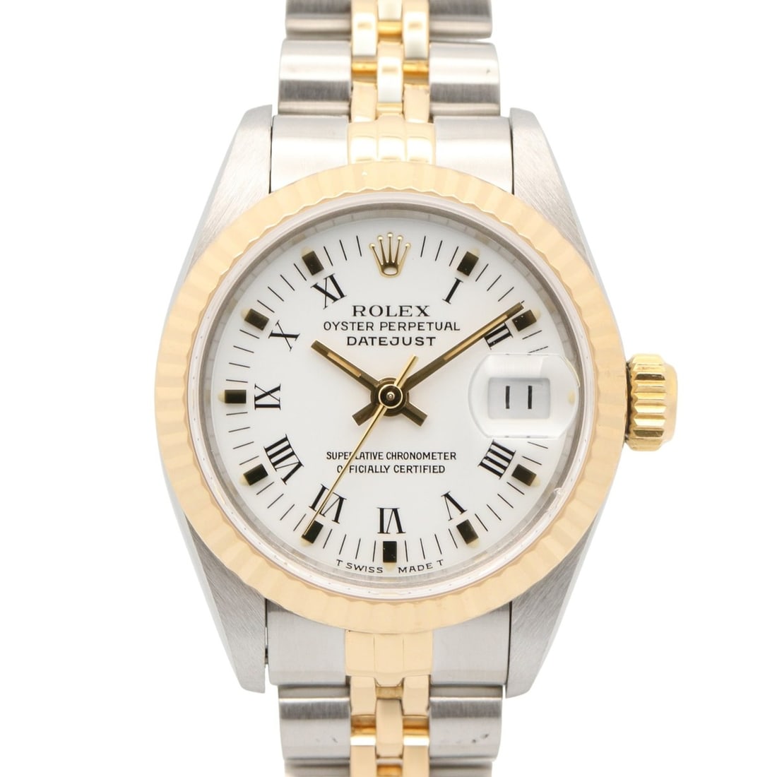 Rolex Datejust S-series watch, 18K (yellow gold), stainless steel, ladies', white dial, Roman: --- Catalog ---Category: SizeWrist Size: 14.5cm / 5.7''Case Diameter: 26mm / 1.02''Category: DesignType: WristwatchGender: WomenColor (Dial): WhiteMaterial (Band): Stainless steel, Yellow gold (18K)Ma