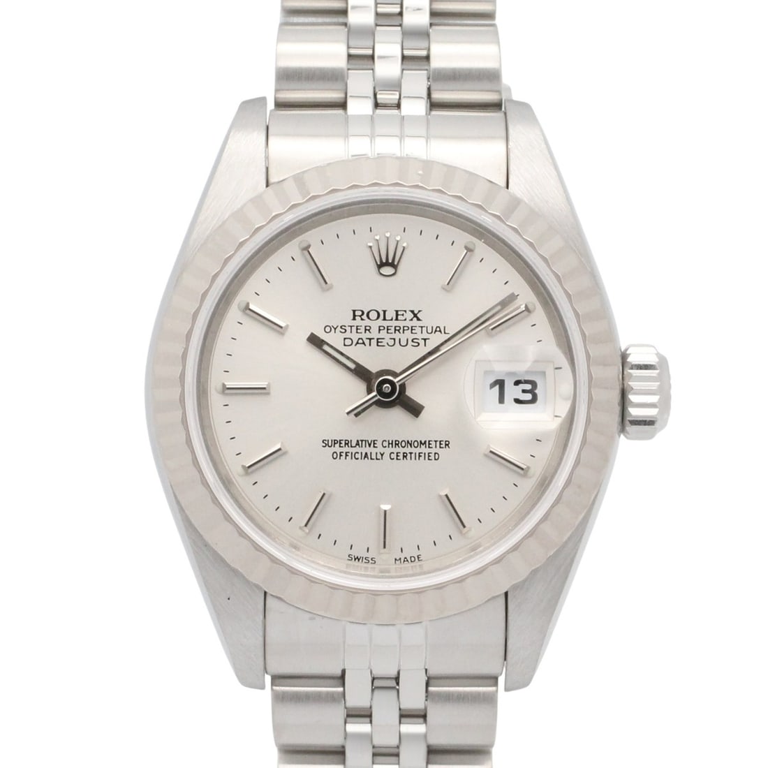 Rolex Datejust P-series watch, 18K white gold (WG) stainless steel, ladies', silver-tone bar casing,: --- Catalog ---Category: SizeWrist Size: 15.5cm / 6.1''Case Diameter: 26mm / 1.02''Category: DesignType: WristwatchGender: WomenColor (Dial): SilverMaterial (Band): Stainless steel, White gold (18K)Ma