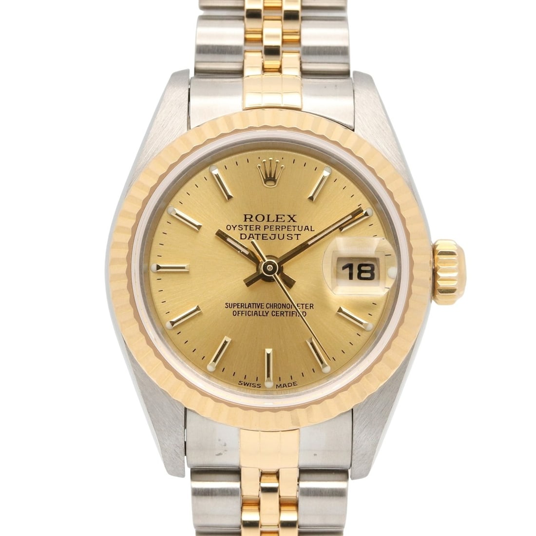 Rolex Datejust P-series watch, 18K (yellow gold) stainless steel, ladies', gold-tone champagne bar: --- Catalog ---Category: SizeWrist Size: 17cm / 6.69''Case Diameter: 26mm / 1.02''Category: DesignType: WristwatchGender: WomenColor (Dial): Champagne, GoldMaterial (Band): Stainless steel, Yellow gol