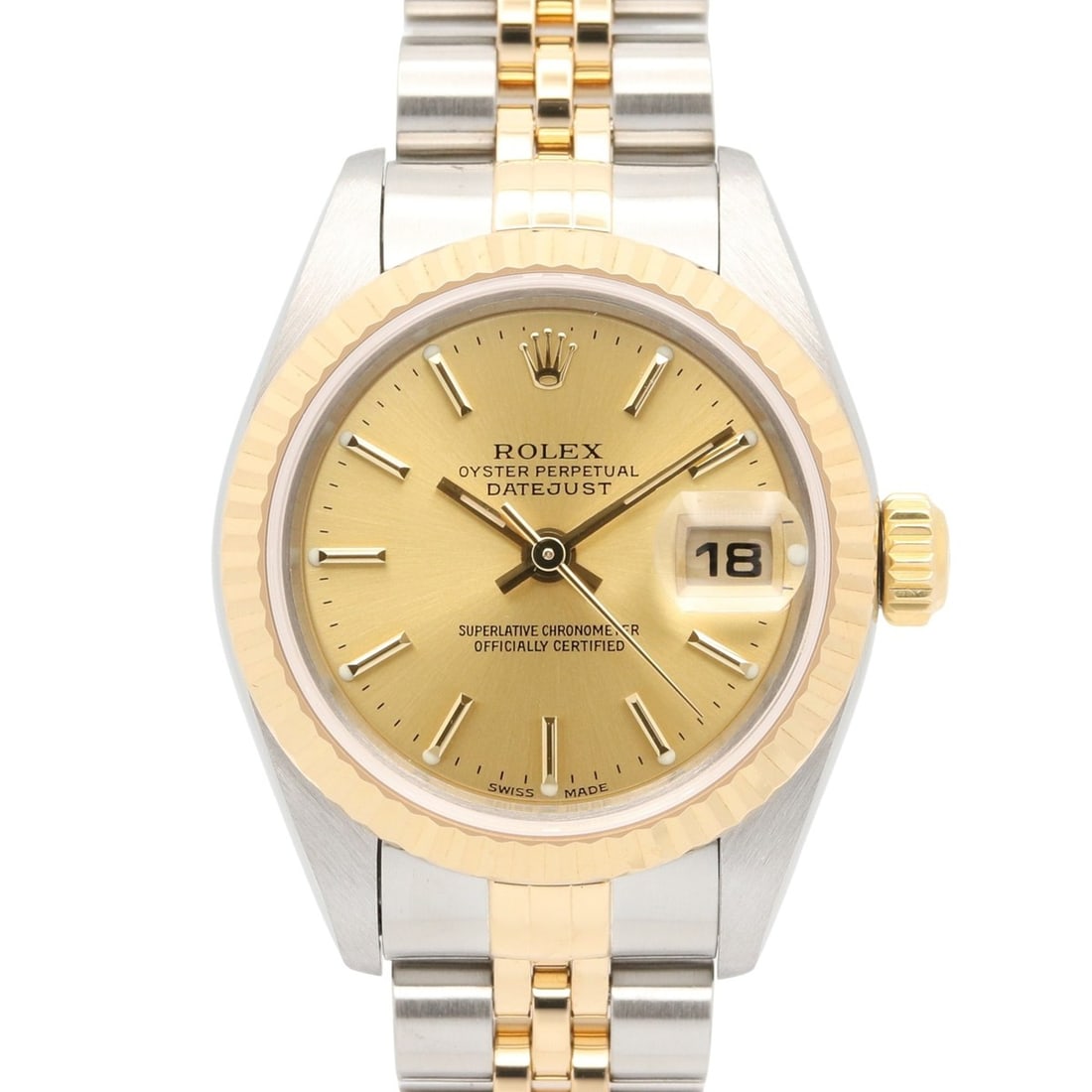 Rolex Datejust P-series watch, 18K (yellow gold) stainless steel, ladies', gold-tone champagne bar: --- Catalog ---Category: SizeWrist Size: 17cm / 6.69''Case Diameter: 26mm / 1.02''Category: DesignType: WristwatchGender: WomenColor (Dial): Champagne, GoldMaterial (Band): Stainless steel, Yellow gol