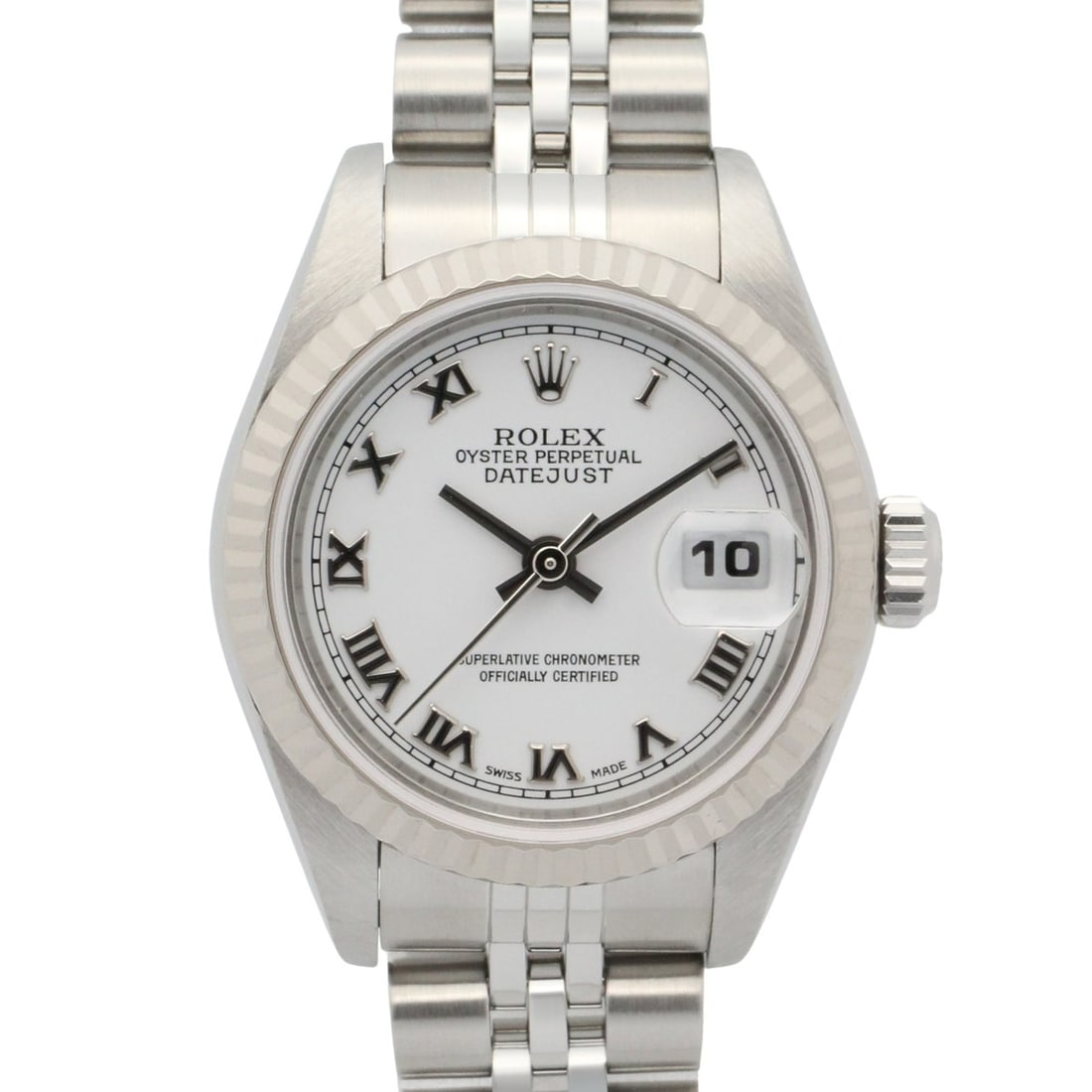 Rolex Datejust F-serial watch, 18K white gold (WG) stainless steel, ladies', dial, Roman numerals,: --- Catalog ---Category: SizeWrist Size: 17.5cm / 6.88''Case Diameter: 26mm / 1.02''Category: DesignType: WristwatchGender: WomenColor (Dial): WhiteMaterial (Band): Stainless steel, White gold (18K)Ma