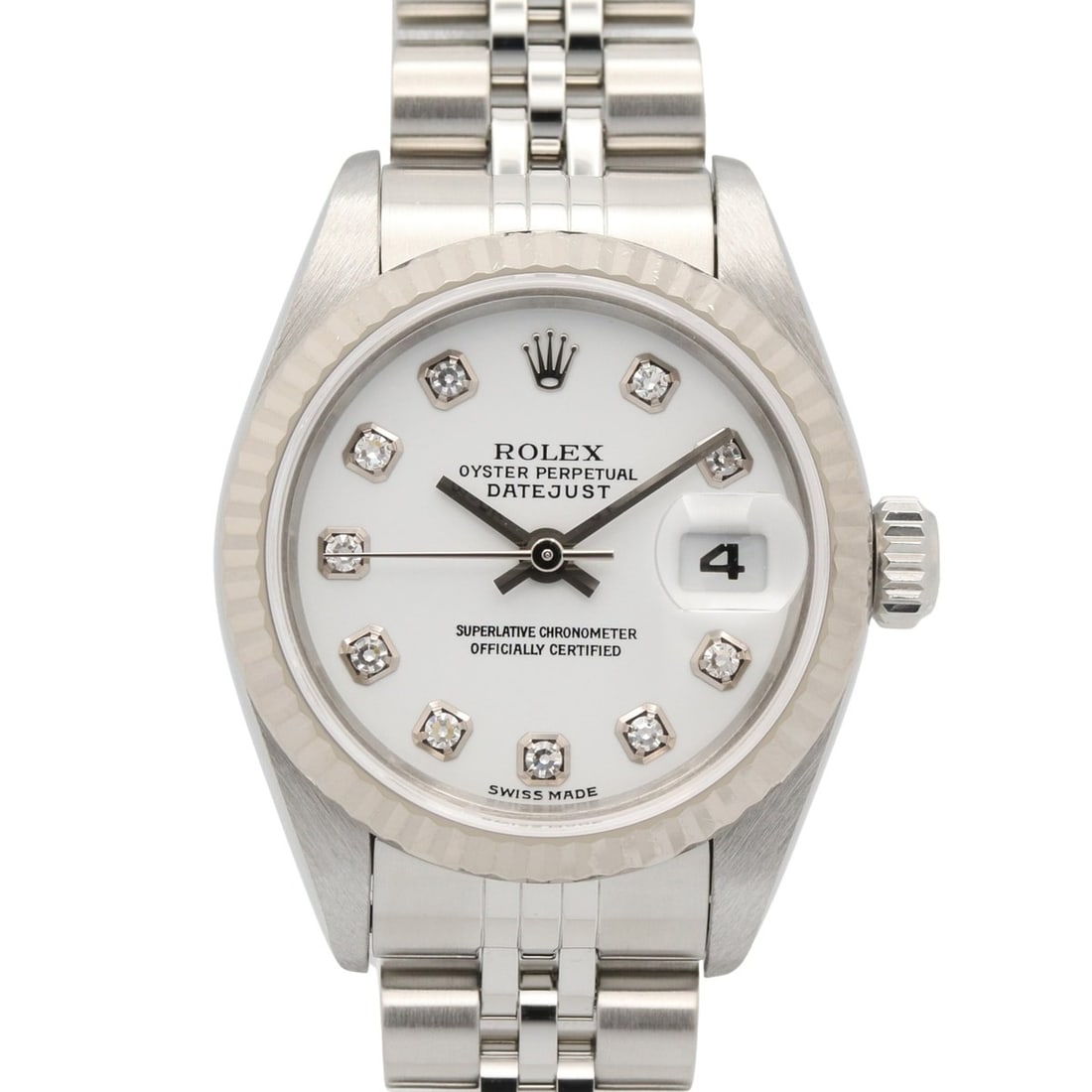 Rolex Datejust 10P Diamond Y-serial Wristwatch, 18K White Gold (WG) Stainless Steel, Diamond,: --- Catalog ---Category: SizeWrist Size: 17.5cm / 6.88''Case Diameter: 26mm / 1.02''Category: DesignType: WristwatchGender: WomenColor (Dial): WhiteMaterial (Band): Stainless steel, White gold (18K)Ma