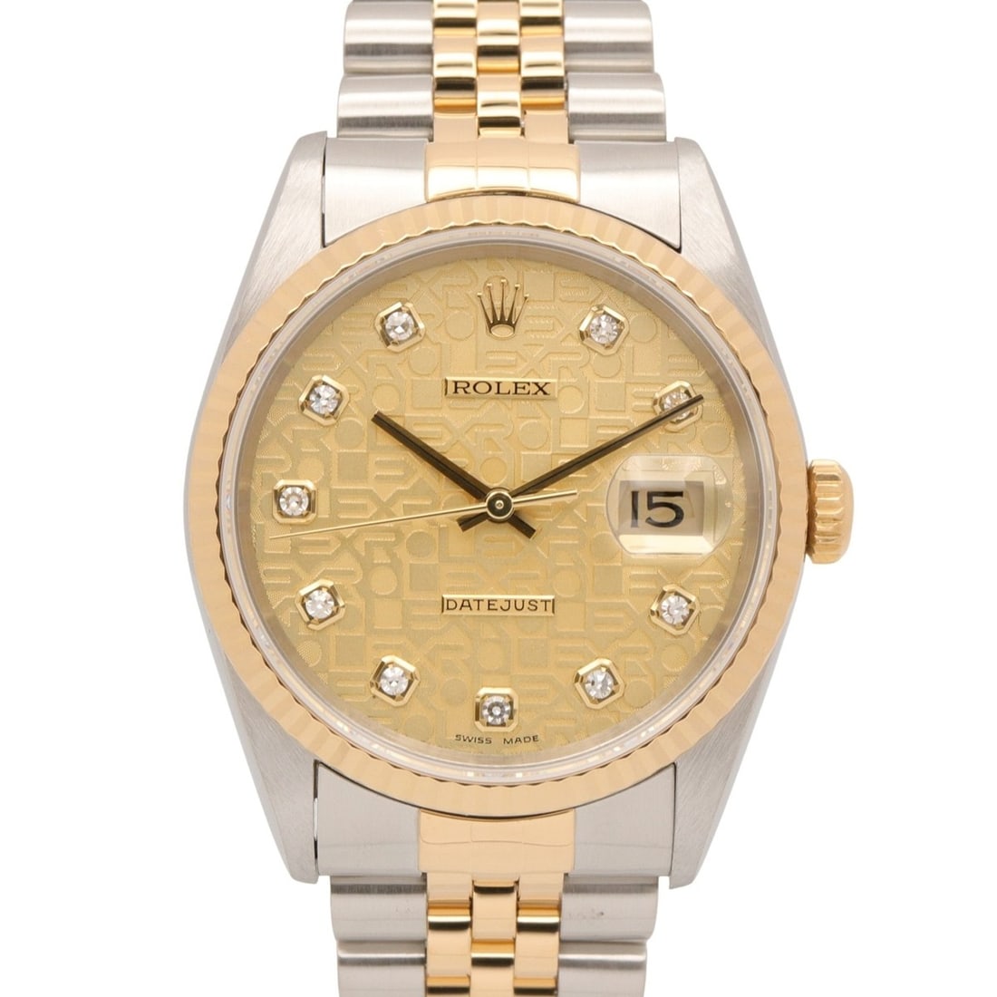 Rolex Datejust 10P Diamond W-serial Wristwatch, 18K (Yellow Gold) Stainless Steel, Diamond, Men's,: --- Catalog ---Category: SizeWrist Size: 16cm / 6.29''Case Diameter: 36mm / 1.42''Category: DesignType: WristwatchGender: MenColor (Dial): Champagne, GoldMaterial (Band): Stainless steel, Yellow gold 