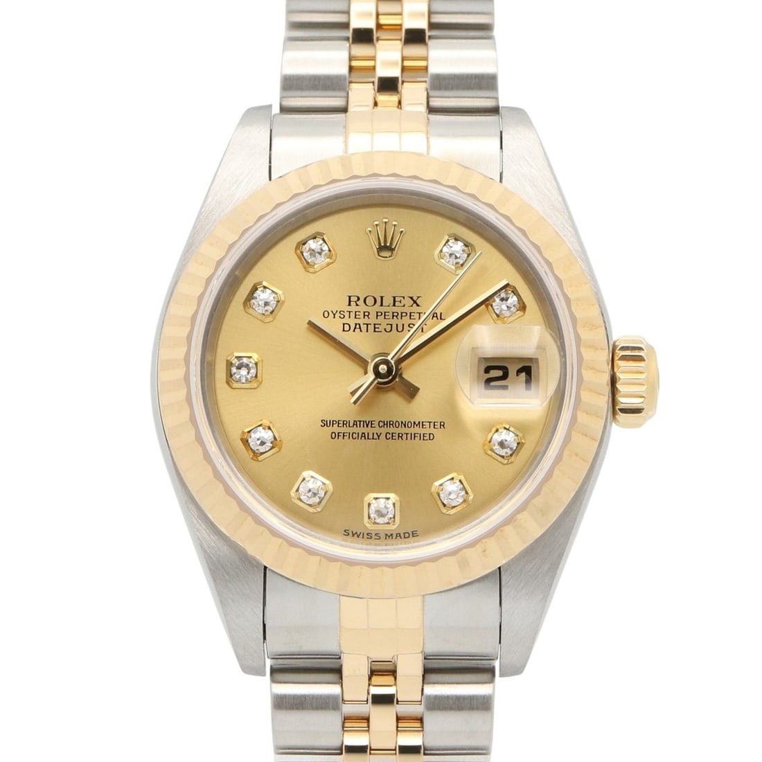 Rolex Datejust 10P Diamond K-serial Watch, 18K (Yellow Gold) Stainless Steel, Diamond, Ladies', Gold: --- Catalog ---Category: SizeWrist Size: 17cm / 6.69''Case Diameter: 26mm / 1.02''Category: DesignType: WristwatchGender: WomenColor (Dial): Champagne, GoldMaterial (Band): Stainless steel, Yellow gol