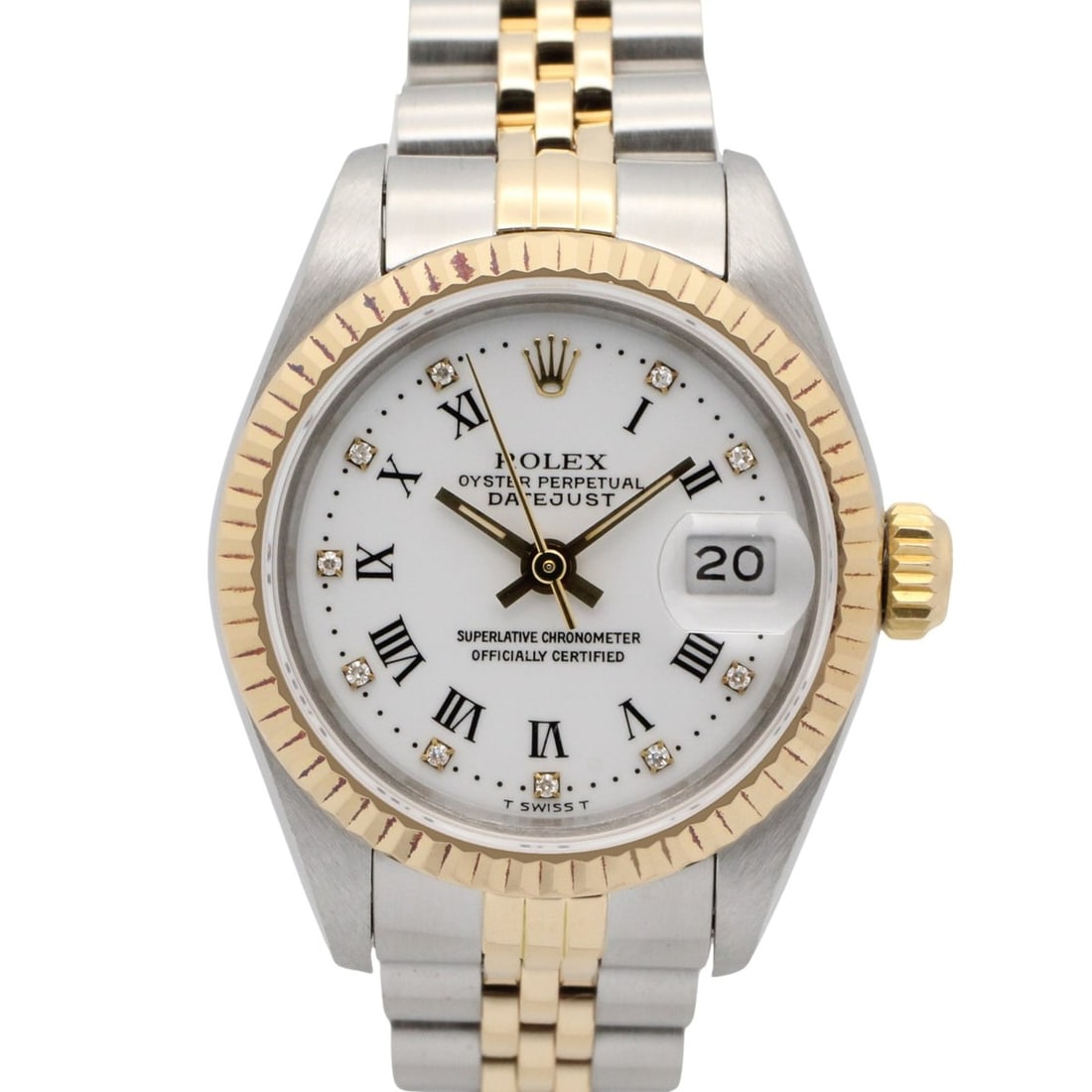 Rolex Datejust 10P Diamond Serial No. 96 Watch, 18K (Yellow Gold) Stainless Steel, Ladies', White: --- Catalog ---Category: SizeWrist Size: 14cm / 5.51''Case Diameter: 26mm / 1.02''Category: DesignType: WristwatchGender: WomenColor (Dial): WhiteMaterial (Band): Stainless steel, Yellow gold (18K)Mat