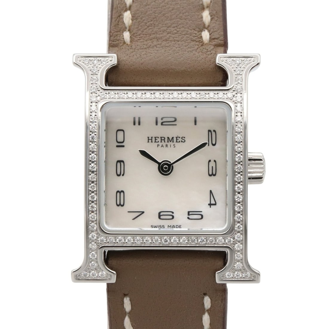 Hermes H-Watch Mini Diamond Bezel Wristwatch, Stainless Steel, Leather Strap, Diamond, Ladies,: --- Catalog ---Category: SizeWrist Size: 15.5cm / 6.1''Case Diameter: 17mm / 0.67''Category: DesignType: WristwatchGender: WomenColor (Dial): WhiteMaterial (Band): Leather, Stainless steelMaterial (Ca