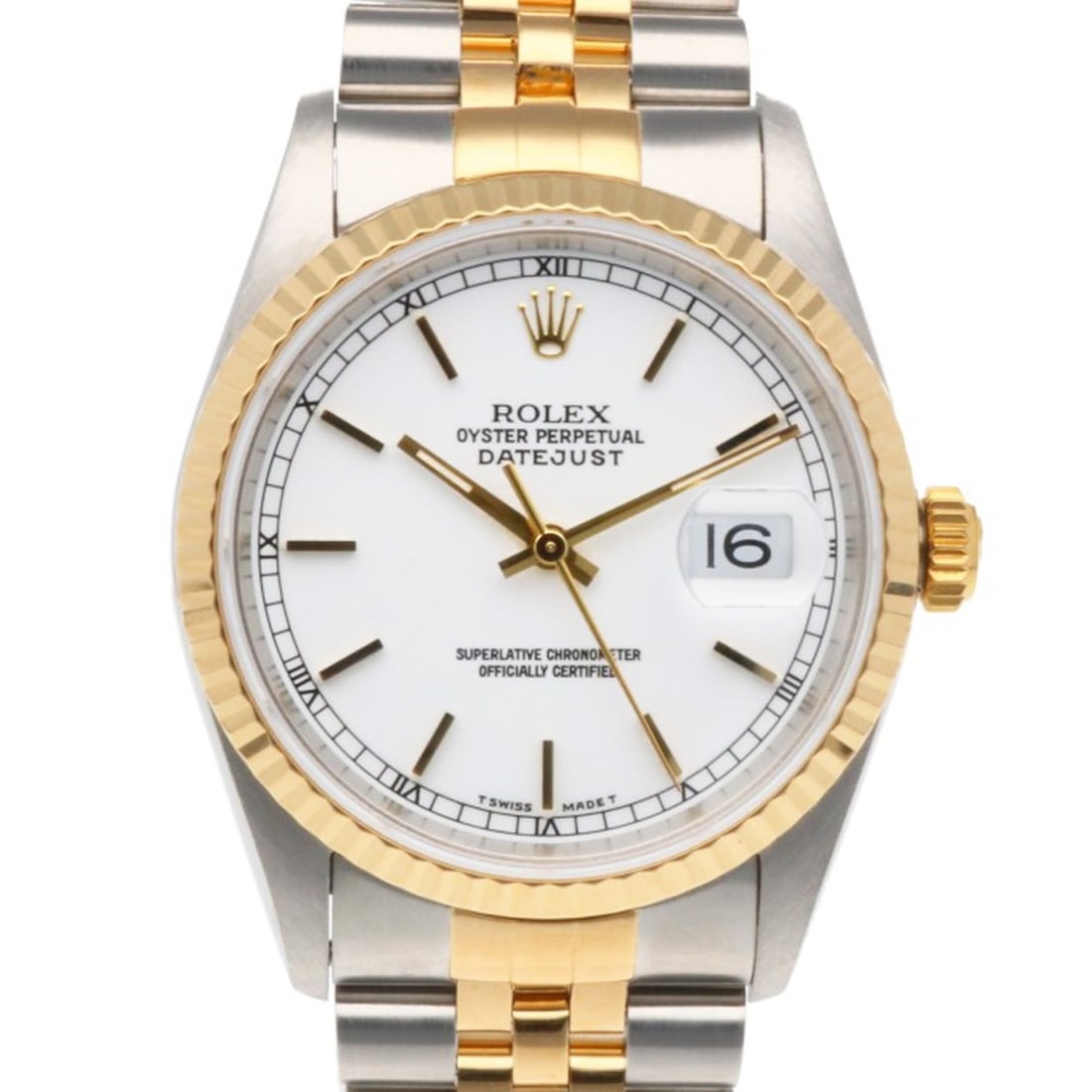 Rolex Datejust Oyster Perpetual Wristwatch, Stainless Steel, 16233, Automatic Winding, Overhauled, W: --- Catalog ---Category: SizeWrist Size: 17.5cm / 6.88''Case Diameter: 36mm / 1.42''Category: DesignType: WristwatchGender: MenColor (Dial): WhiteMaterial (Band): Stainless steel, Yellow gold (18K)Mat