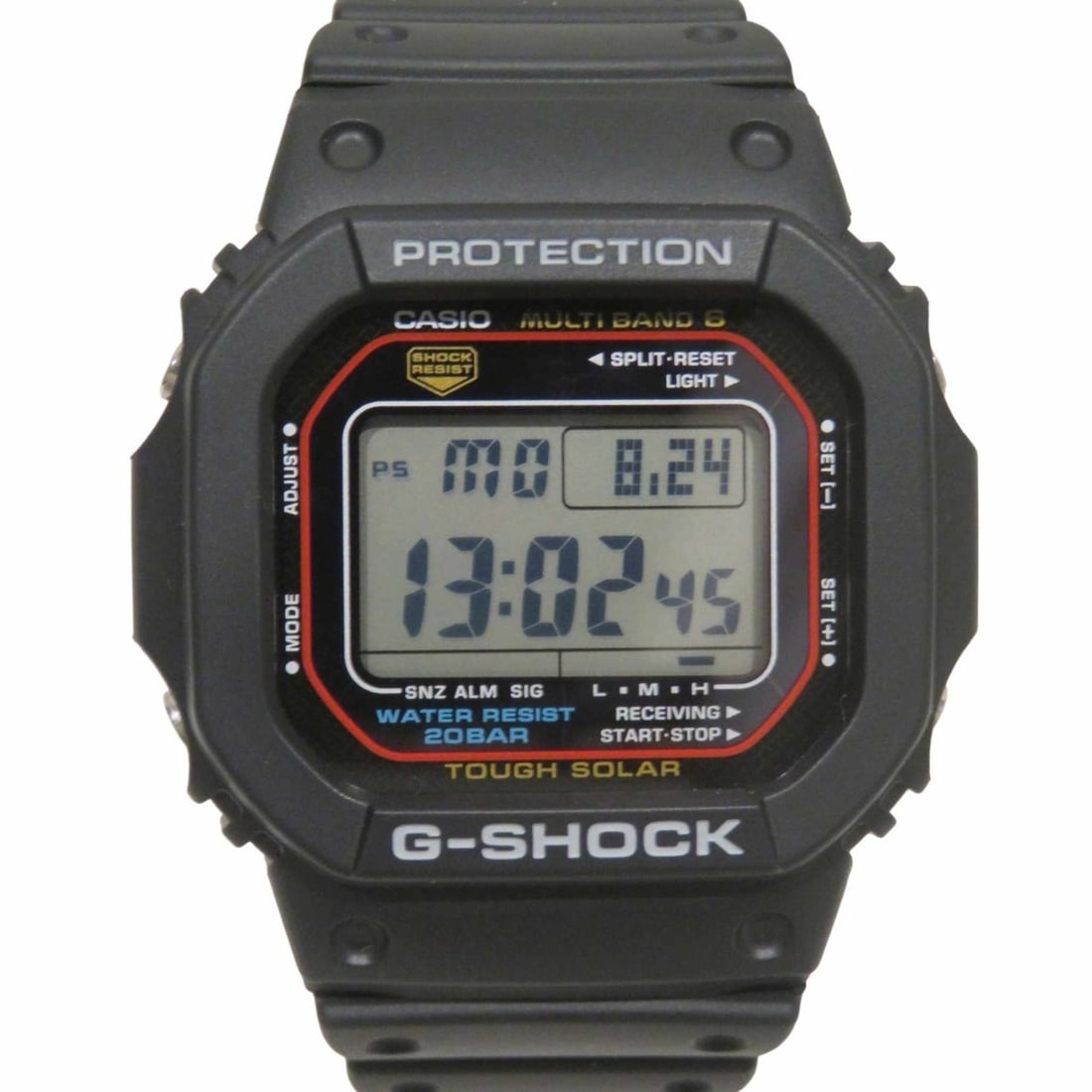 Casio G-SHOCK watch, total weight 49.4g, resin construction, radio-controlled solar power, black: --- Catalog ---Category: SizeWrist Size: 14.5cm - 20.5cm / 5.7'' - 8.07''Case Diameter: 46.7mm / 1.84''Category: DesignType: WristwatchDisplay: DigitalColor (Dial): BlackCategory: GeneralMPN: GW-M5610