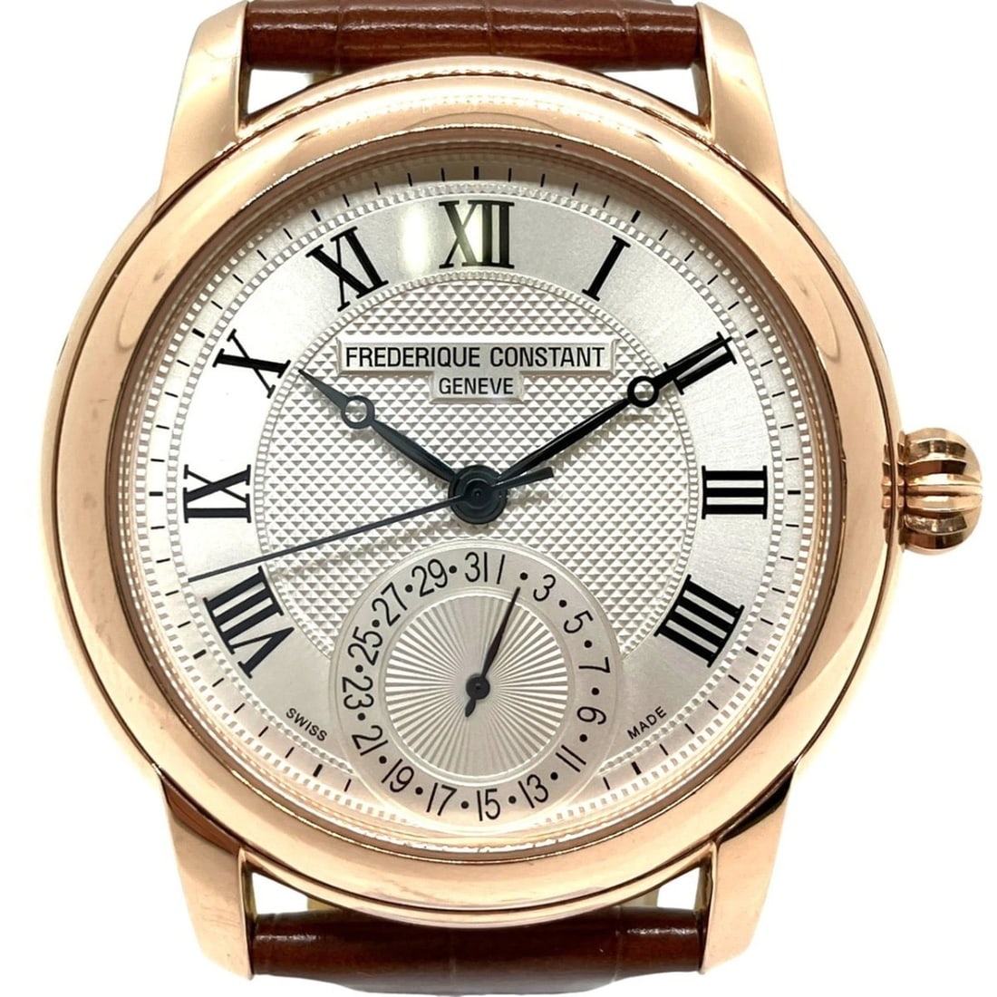 Frederique Constant Classic Manufacture wristwatch, total weight 82.8g, GP (gold plated) strap,: --- Catalog ---Category: SizeWrist Size: 13cm - 17.5cm / 5.11'' - 6.88''Case Diameter: 42mm / 1.65''Category: DesignType: WristwatchGender: Men,WomenColor (Dial): SilverMaterial (Band): LeatherMateria