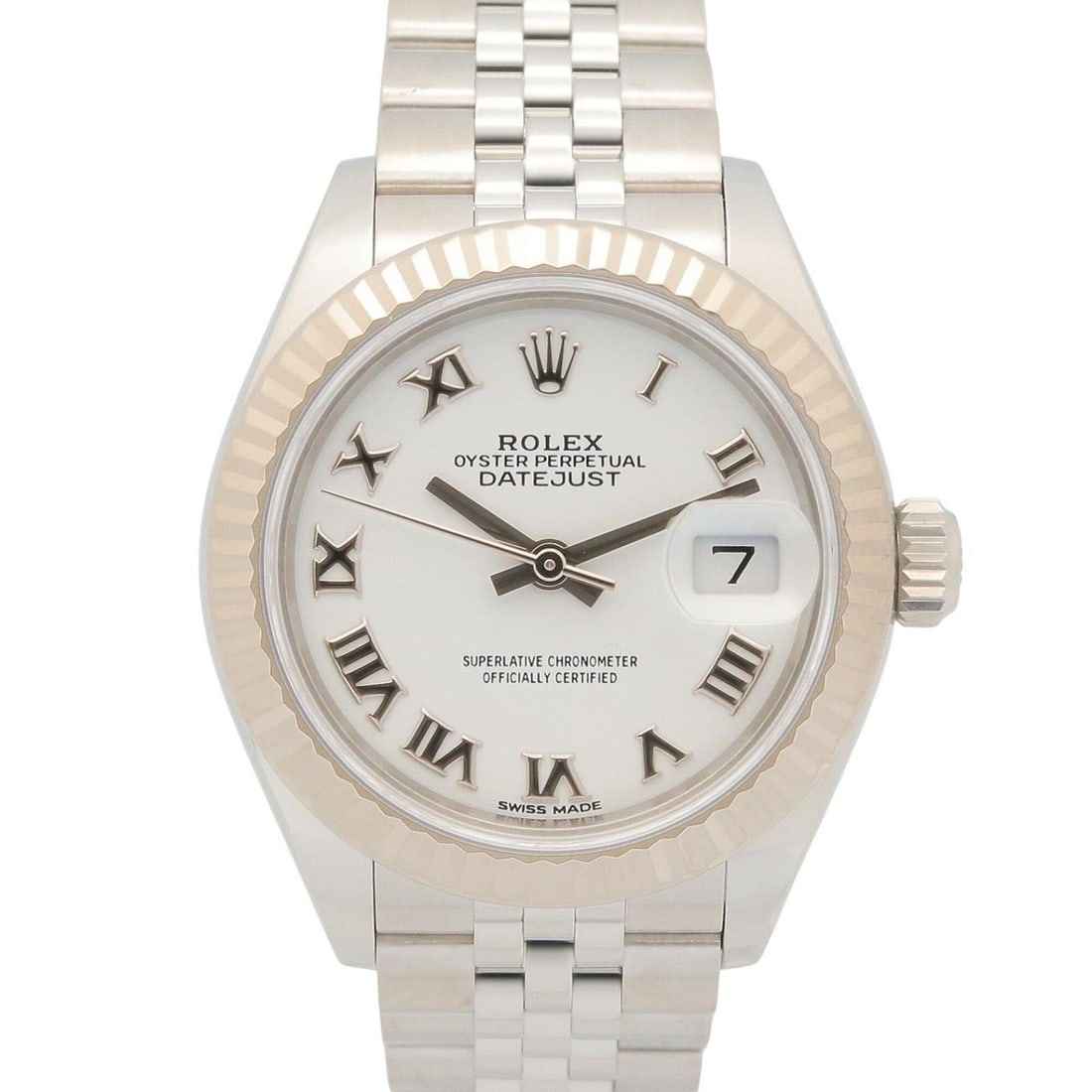 Rolex Datejust Random Serial Number White Roman Numerals Watch 18KWG (White Gold) Stainless Steel: --- Catalog ---Category: SizeWrist Size: 14cm / 5.51''Case Diameter: 28mm / 1.1''Category: DesignType: WristwatchGender: WomenColor (Dial): Silver, WhiteMaterial (Band): Stainless steel, White gold (1