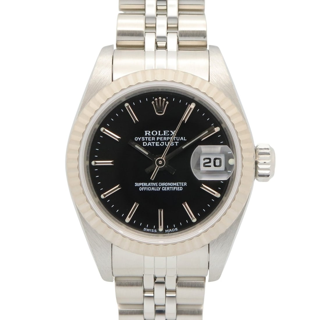 Rolex Datejust P-series watch, 18K white gold (WG) stainless steel, ladies', black bar casing, 79174: --- Catalog ---Category: SizeWrist Size: 15.5cm / 6.1''Case Diameter: 26mm / 1.02''Category: DesignType: WristwatchGender: WomenColor (Dial): BlackMaterial (Band): Stainless steel, White gold (18K)Mat