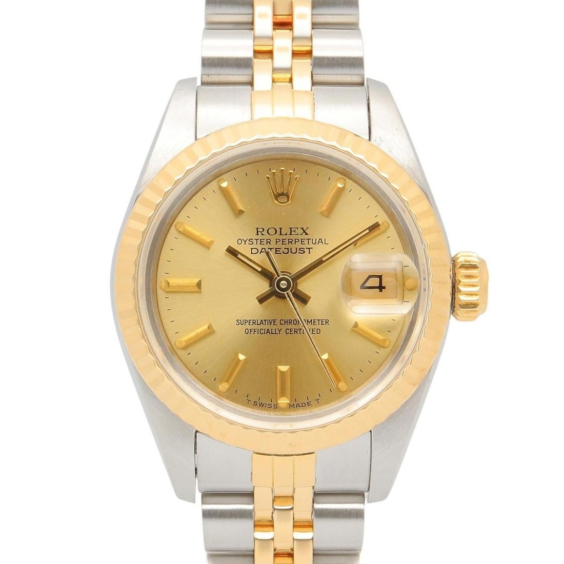 Rolex Datejust 90 Champagne Bar Watch, 18K (Yellow Gold) Stainless Steel, Ladies', Gold Tone, 69173: --- Catalog ---Category: SizeWrist Size: 15.5cm / 6.1''Case Diameter: 26mm / 1.02''Category: DesignType: WristwatchGender: WomenColor (Dial): GoldMaterial (Band): Stainless steel, Yellow gold (18K)Mat