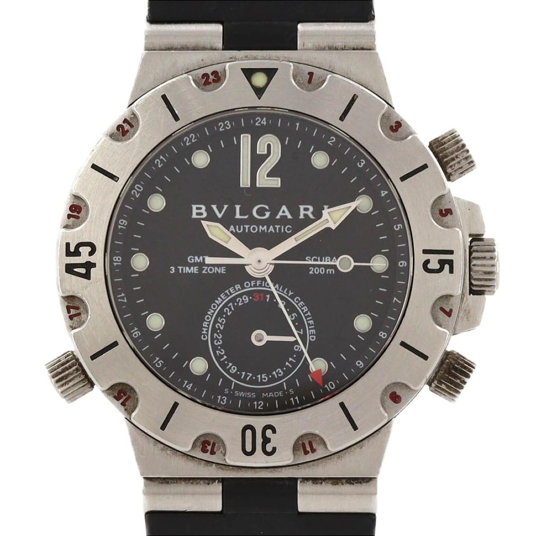 Bulgari Scuba GMT SD38SGMT Stainless Steel Automatic Watch: --- Catalog ---Category: SizeCase Diameter: 38mm / 1.5''Category: DesignType: WristwatchGender: MenColor (Dial): BlackMaterial (Band): RubberMaterial (Case): Stainless steelCategory: GeneralMPN: SD38S