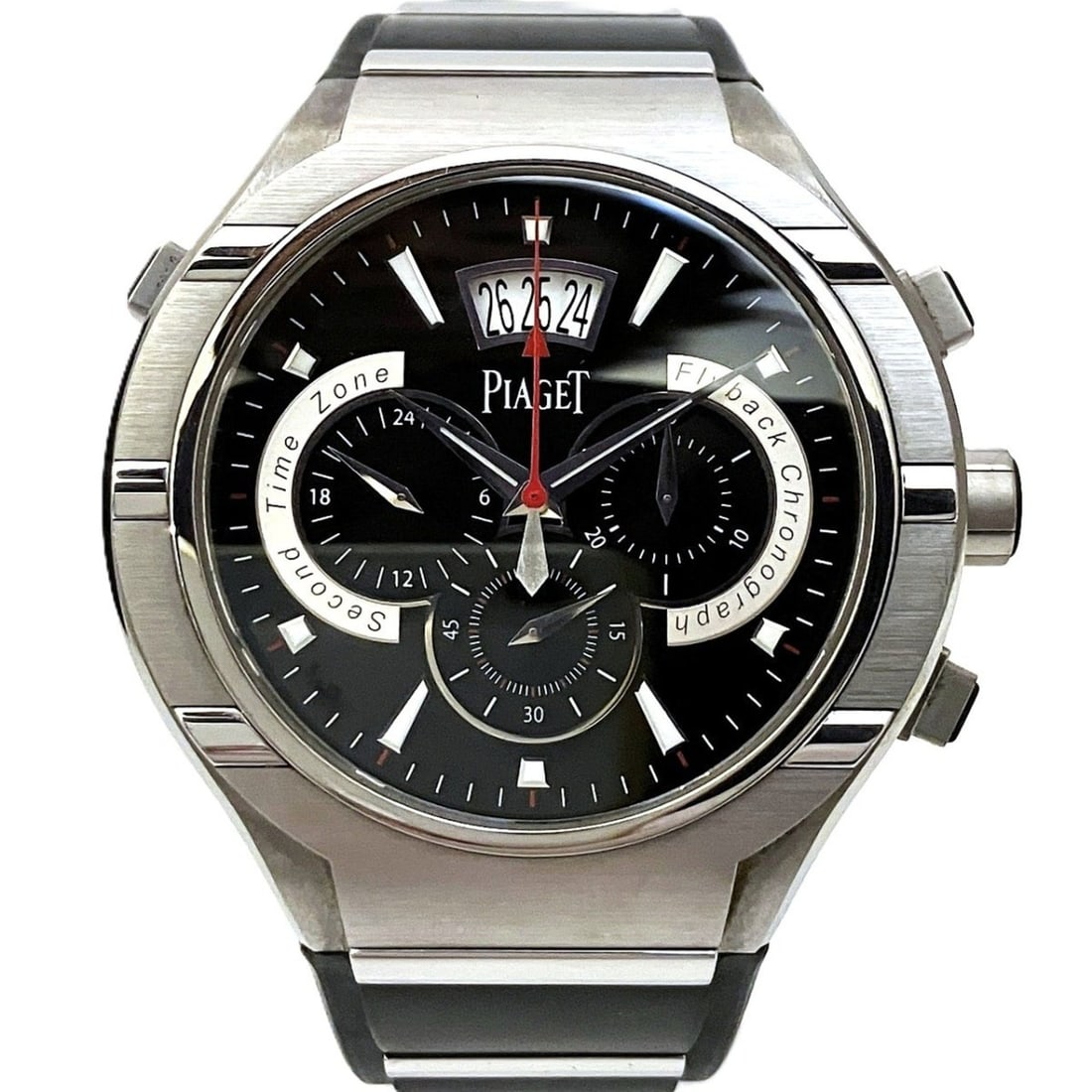 Piaget PIAGET Polo Watch, Total Weight 119.2g, Stainless Steel & Titanium, Automatic Movement, Black: --- Catalog ---Category: SizeWrist Size: 16cm / 6.29''Case Diameter: 45.3mm / 1.78''Category: DesignType: WristwatchGender: MenColor (Dial): BlackMaterial (Band): Rubber, TitaniumMaterial (Case): Stai