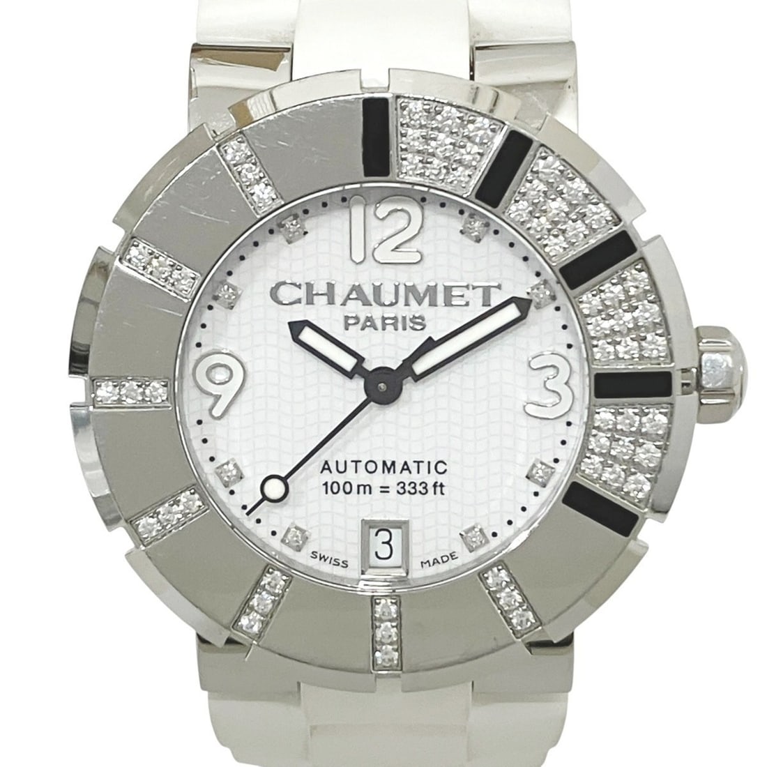 Chaumet Class One wristwatch, total weight 104g, stainless steel and resin case, automatic movement,: --- Catalog ---Category: SizeWrist Size: 13cm / 5.11''Case Diameter: 38.1mm / 1.5''Category: DesignType: WristwatchGender: MenColor (Dial): WhiteMaterial (Case): Stainless steelCategory: GeneralMPN: 1