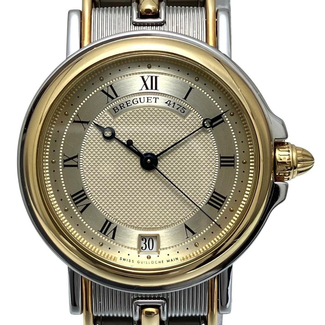 Breguet Marine watch, total weight 94.6g, stainless steel, automatic movement, gold dial,: --- Catalog ---Category: SizeWrist Size: 16.5cm / 6.49''Case Diameter: 33.6mm / 1.32''Category: DesignType: WristwatchGender: MenColor (Dial): GoldMaterial (Band): Gold (18K), Stainless steelMaterial 