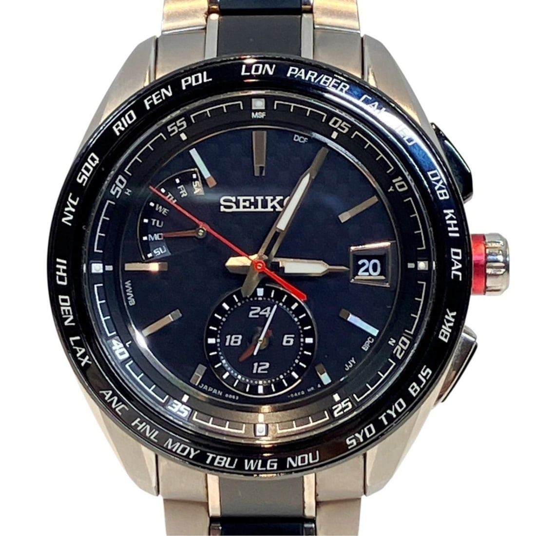 Seiko SEIKO Watch SS Radio Solar Black Dial 8B63-0AN0: --- Catalog ---Category: SizeWrist Size: 19.5cm / 7.67''Case Diameter: 43mm / 1.69''Category: DesignType: WristwatchGender: MenColor (Dial): BlackMaterial (Band): Stainless steelMaterial (Case): Stain