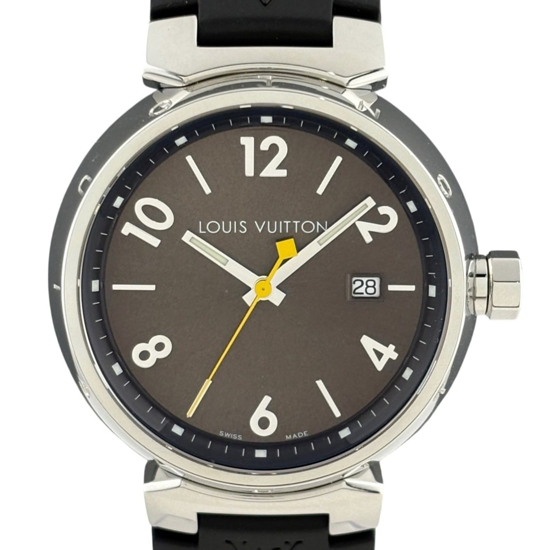Louis Vuitton Tambour Q1111 Watch, Stainless Steel, Rubber Strap, Quartz, Brown, Men's: --- Catalog ---Category: SizeWrist Size: 14cm - 19cm / 5.51'' - 7.48''Case Diameter: 39mm / 1.54''Category: DesignType: WristwatchGender: MenColor (Dial): BrownMaterial (Band): Rubber, Stainless steel