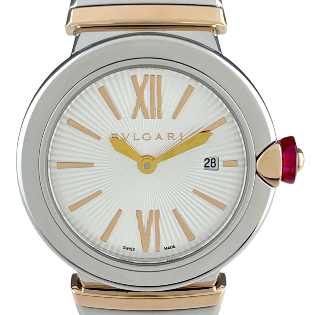 Bulgari BVLGARI Lucea LUP28SG Watch, Stainless Steel, Pink Gold, Quartz, Silver, Women's: --- Catalog ---Category: SizeWrist Size: 15.5cm / 6.1''Case Diameter: 25mm / 0.98''Category: DesignType: WristwatchGender: WomenColor (Dial): SilverMaterial (Band): Pink gold, Stainless steelMaterial 
