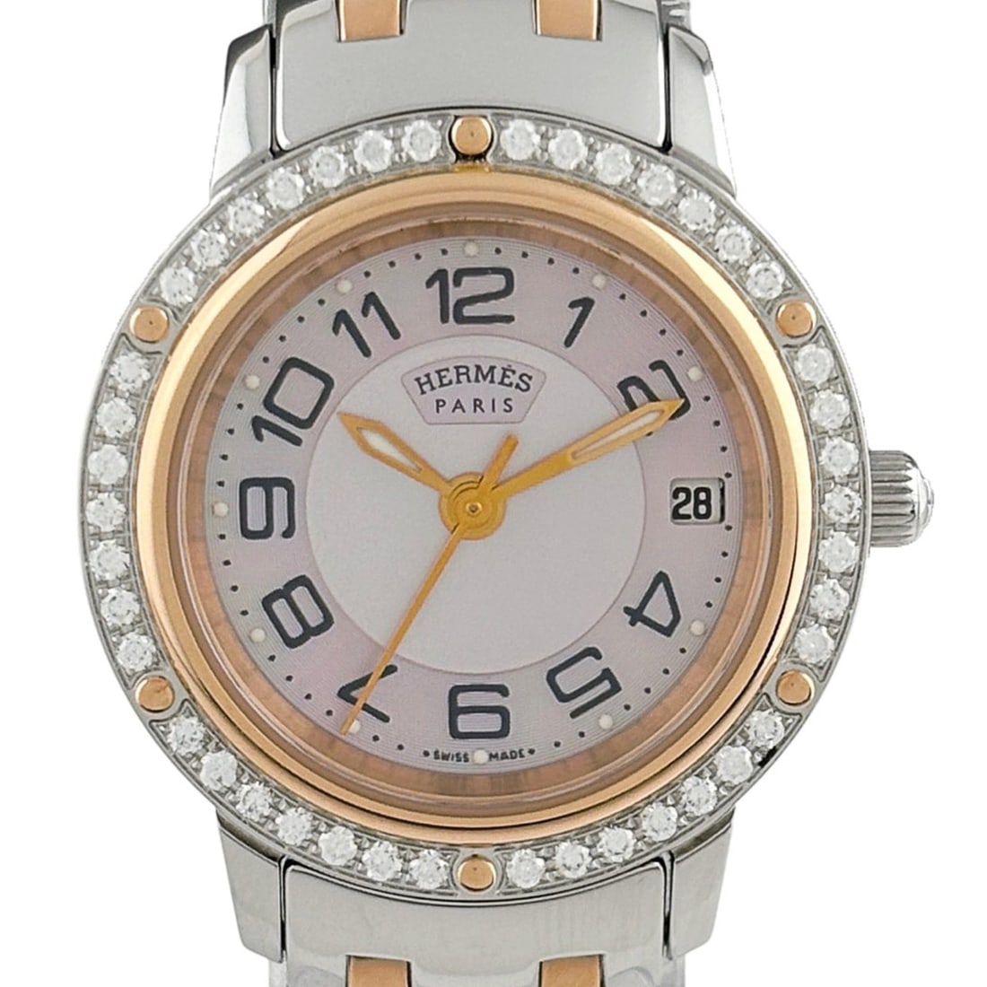 Hermes Clipper Nacre CP1.222 Watch, Stainless Steel, Gold Plated, Quartz, Pink, Women's.: --- Catalog ---Category: SizeWrist Size: 15.5cm / 6.1''Case Diameter: 25mm / 0.98''Category: DesignType: WristwatchGender: WomenColor (Dial): Pink shellMaterial (Band): Gold plated, Stainless steelMat