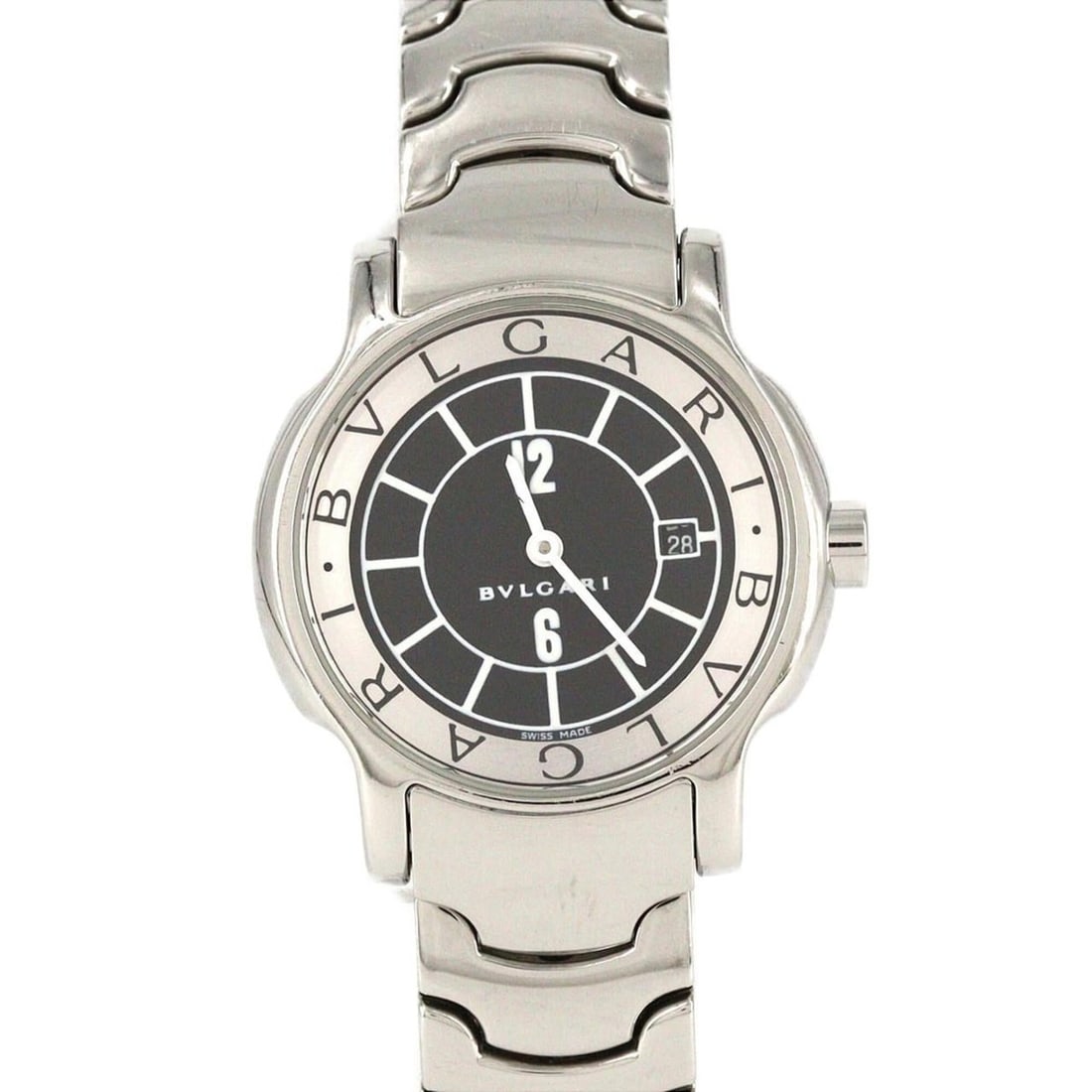 Bulgari Solotempo ST29S ST29BSSD Stainless Steel Quartz Watch: --- Catalog ---Category: SizeWrist Size: 16cm / 6.29''Case Diameter: 29mm / 1.14''Category: DesignType: WristwatchGender: WomenColor (Dial): BlackMaterial (Band): Stainless steelMaterial (Case):