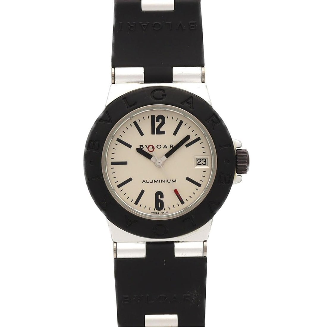 Bulgari Aluminum AL32TA AL32TAVD Quartz Watch: --- Catalog ---Category: SizeCase Diameter: 32mm / 1.26''Category: DesignType: WristwatchGender: Men,WomenColor (Dial): SilverMaterial (Band): RubberMaterial (Case): AluminumCategory: GeneralMPN: