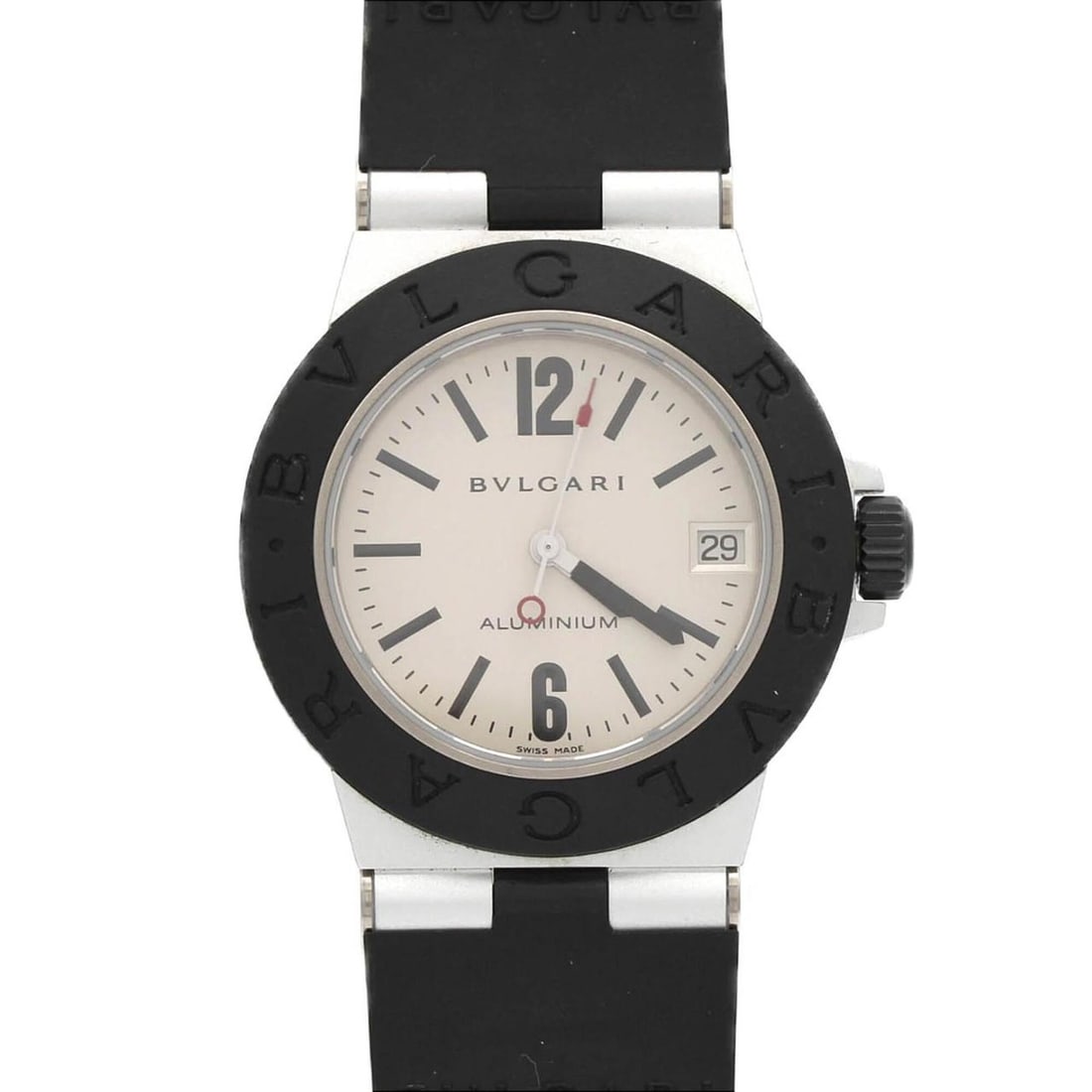 Bulgari Aluminum AL32TA AL32TAVD Quartz Watch: --- Catalog ---Category: SizeCase Diameter: 32mm / 1.26''Category: DesignType: WristwatchGender: Men,WomenColor (Dial): SilverMaterial (Band): RubberMaterial (Case): AluminumCategory: GeneralMPN: AL32