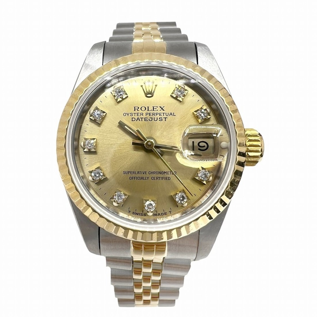 ROLEX Datejust 10P Diamond Stainless Steel 18K Yellow Gold Dial 69173G L-serial Two-tone Automatic: --- Catalog ---Category: SizeWrist Size: 18cm / 7.08''Case Diameter: 26mm / 1.02''Category: DesignType: WristwatchGender: WomenGemstone: DiamondMaterial (Band): Stainless steel, Yellow gold (18K)Mater