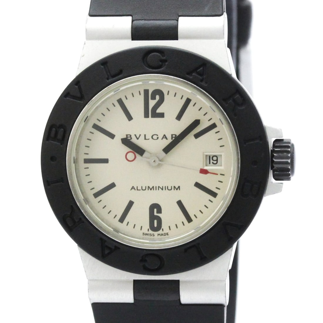 BVLGARI Aluminum Rubber Quartz Ladies Watch AL29A: --- Catalog ---Category: SizeCase Diameter: 29mm / 1.14''Category: DesignType: WristwatchStyle: Dress/FormalGender: WomenColor (Dial): SilverMaterial (Band): RubberMaterial (Case): AluminumCategory: G
