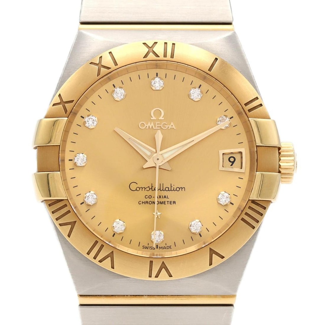 Omega Constellation Co-Axial Chronometer YG Combination 11P 123.20.38.21.58.001 SSxYG Automatic: --- Catalog ---Category: SizeWrist Size: 18.5cm / 7.28''Case Diameter: 38mm / 1.5''Category: DesignType: WristwatchGender: MenColor (Dial): GoldMaterial (Band): Stainless steel, Yellow goldMaterial (C