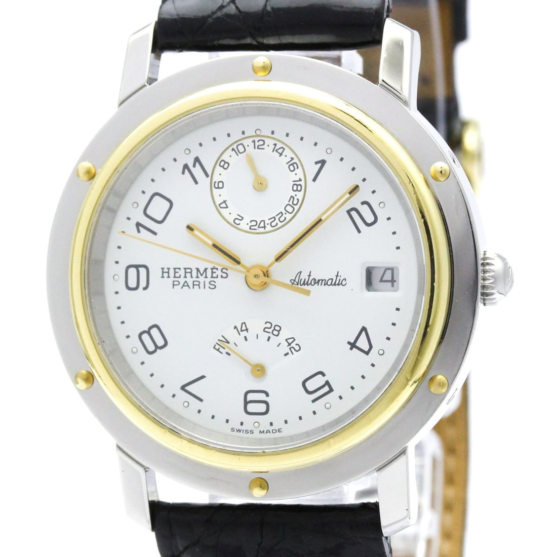 HERMES Clipper Power Reserve Gold Plated Steel Mens Watch CL5.720 Polished: --- Catalog ---Category: SizeCase Diameter: 36mm / 1.42''Category: DesignType: WristwatchStyle: SportGender: MenColor (Dial): WhiteMaterial (Band): LeatherMaterial (Case): Gold plated, Stainless