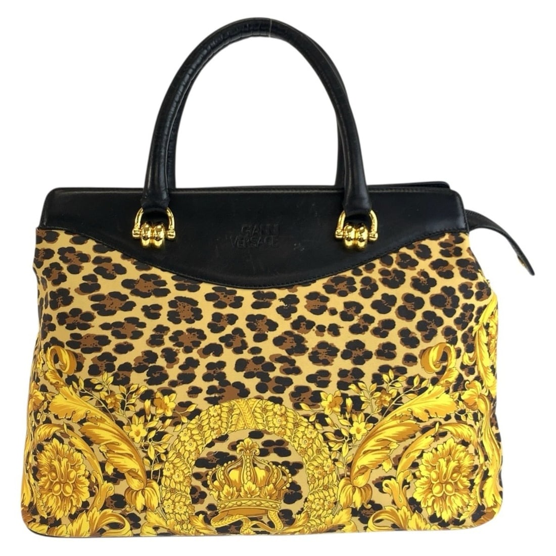 VERSACE Leopard Print Yellow Black Gold Hardware Leather Tote Bag Handbag for Women: --- Catalog ---Category: SizeSize (HxWxD): 25cm x 35cm x 13cm / 9.84'' x 13.77'' x 5.11''Category: DesignType: Handbag, Tote bagColor: Black, YellowGender: WomenMaterial: PVC , Leather Hardware Color: