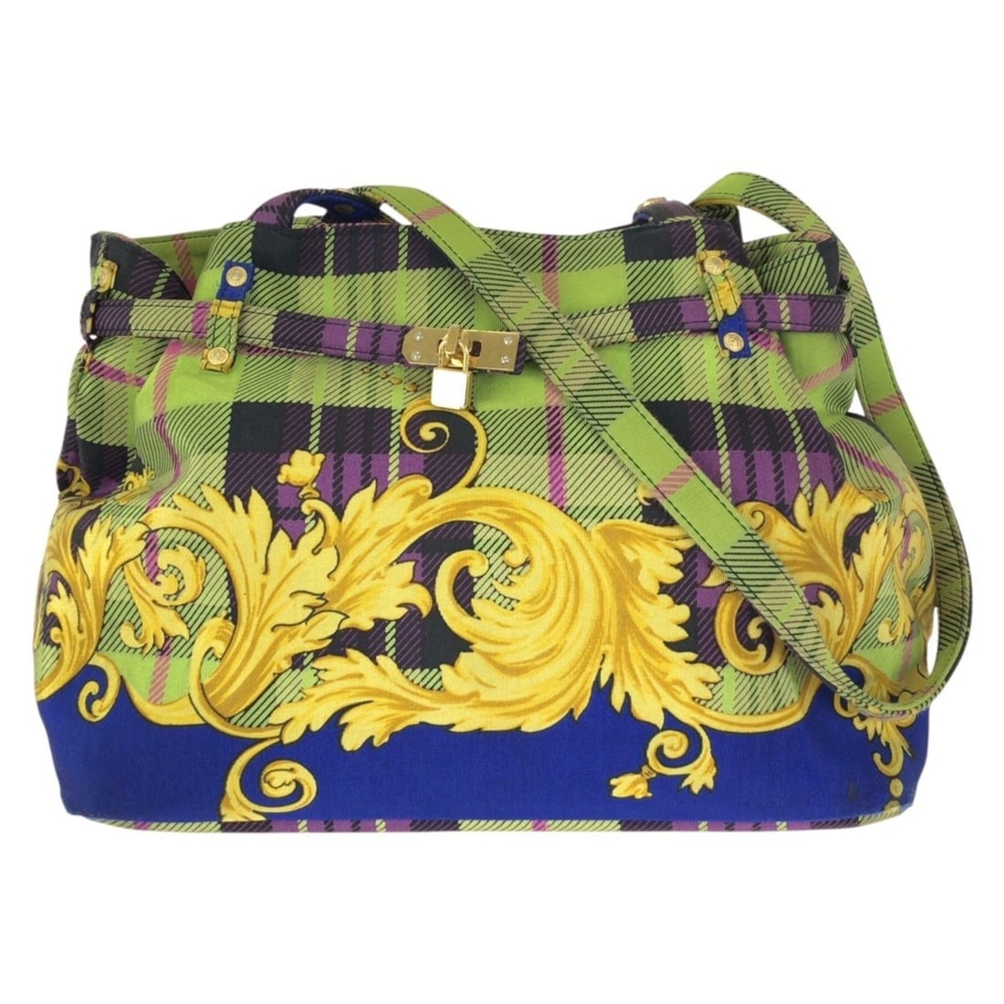 VERSACE Vintage Tartan Baroque Blue Green Yellow Canvas Shoulder Bag Tote for Women: --- Catalog ---Category: SizeSize (HxWxD): 25cm x 30cm x 16cm / 9.84'' x 11.81'' x 6.29''Category: DesignType: Shoulder bag, Tote bagColor: Blue, Green, YellowGender: WomenMaterial: Canvas Category: G