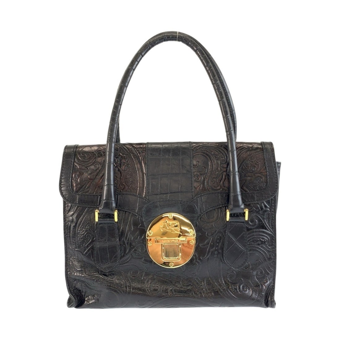 ETRO embossed black leather handbag with gold hardware for women.: --- Catalog ---Category: SizeSize (HxWxD): 22cm x 27cm x 16cm / 8.66'' x 10.62'' x 6.29''Category: DesignType: HandbagColor: BlackGender: WomenMaterial: Leather Hardware Color: GoldCategory: GeneralBr