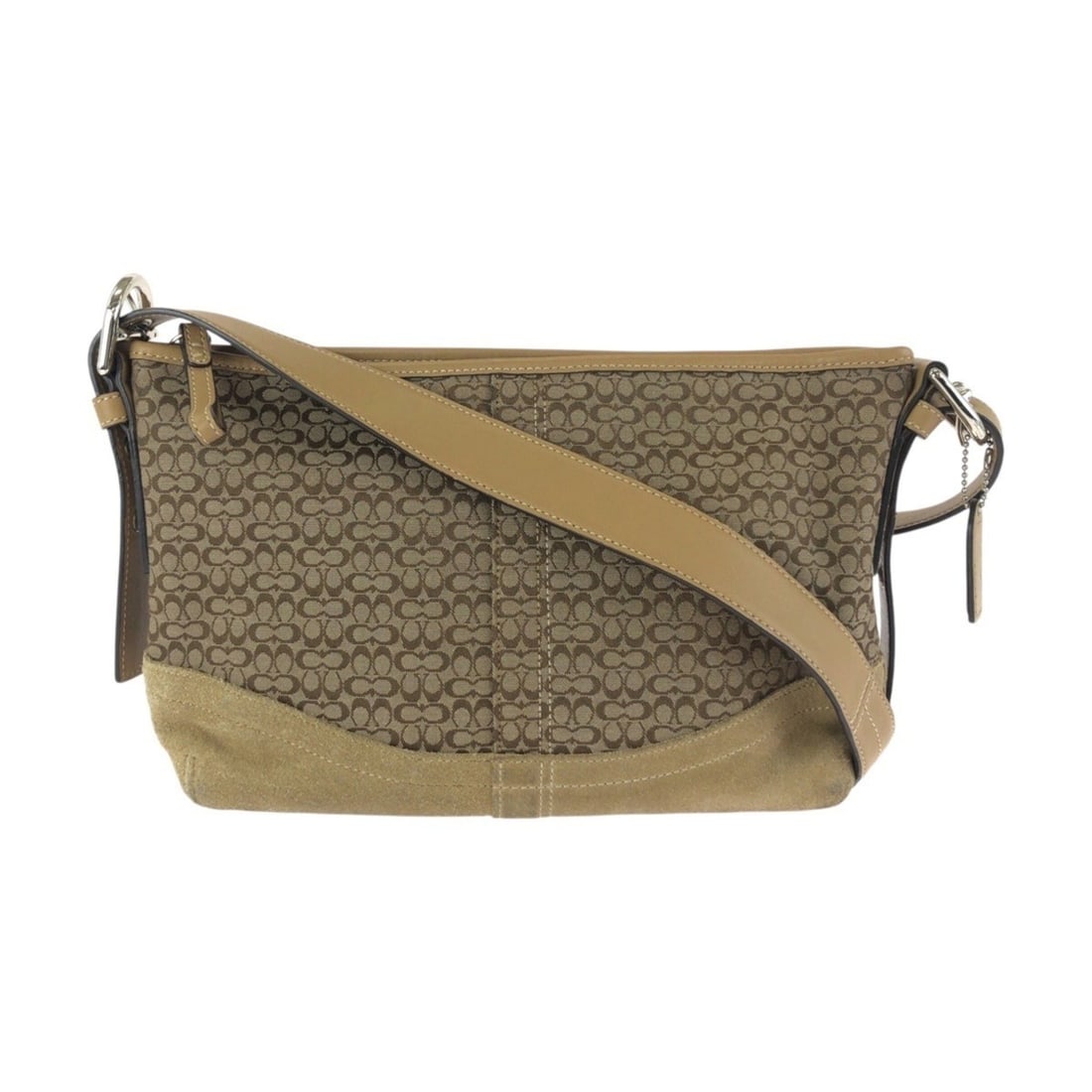 COACH Mini Signature Beige Brown Silver Hardware Canvas Leather Shoulder Bag Messenger for Women: --- Catalog ---Category: SizeSize (HxWxD): 29cm x 30cm x 9cm / 11.41'' x 11.81'' x 3.54''Category: DesignType: Messenger bag, Shoulder bagColor: Beige, BrownGender: WomenMaterial: Canvas , Leather Har