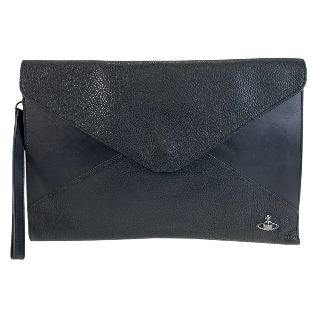 Vivienne Westwood black leather clutch bag with silver hardware, unisex.: --- Catalog ---Category: SizeSize (HxWxD): 24cm x 35cm x 2cm / 9.44'' x 13.77'' x 0.78''Category: DesignType: Clutch bagColor: BlackGender: MenMaterial: Leather Hardware Color: SilverCategory: General