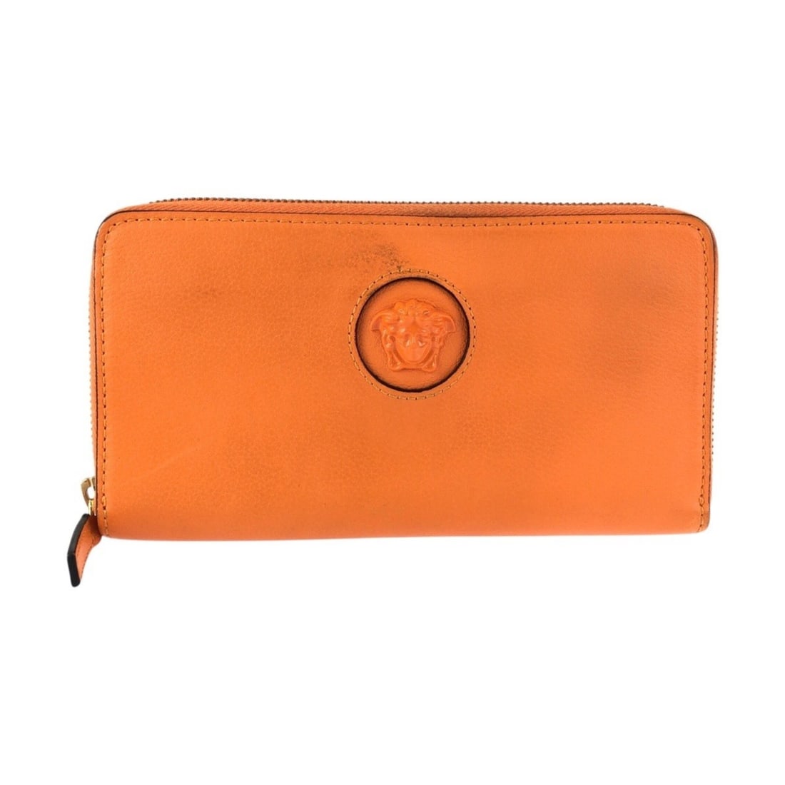 VERSACE Medusa Round Zip Wallet, Orange with Gold Hardware, Leather, Long Unisex, Men's: --- Catalog ---Category: SizeSize (HxWxD): 10.5cm x 19cm x 2.5cm / 4.13'' x 7.48'' x 0.98''Category: DesignType: Long wallet (bi-fold)Color: OrangeGender: MenMaterial: Leather Category: GeneralBrand: 
