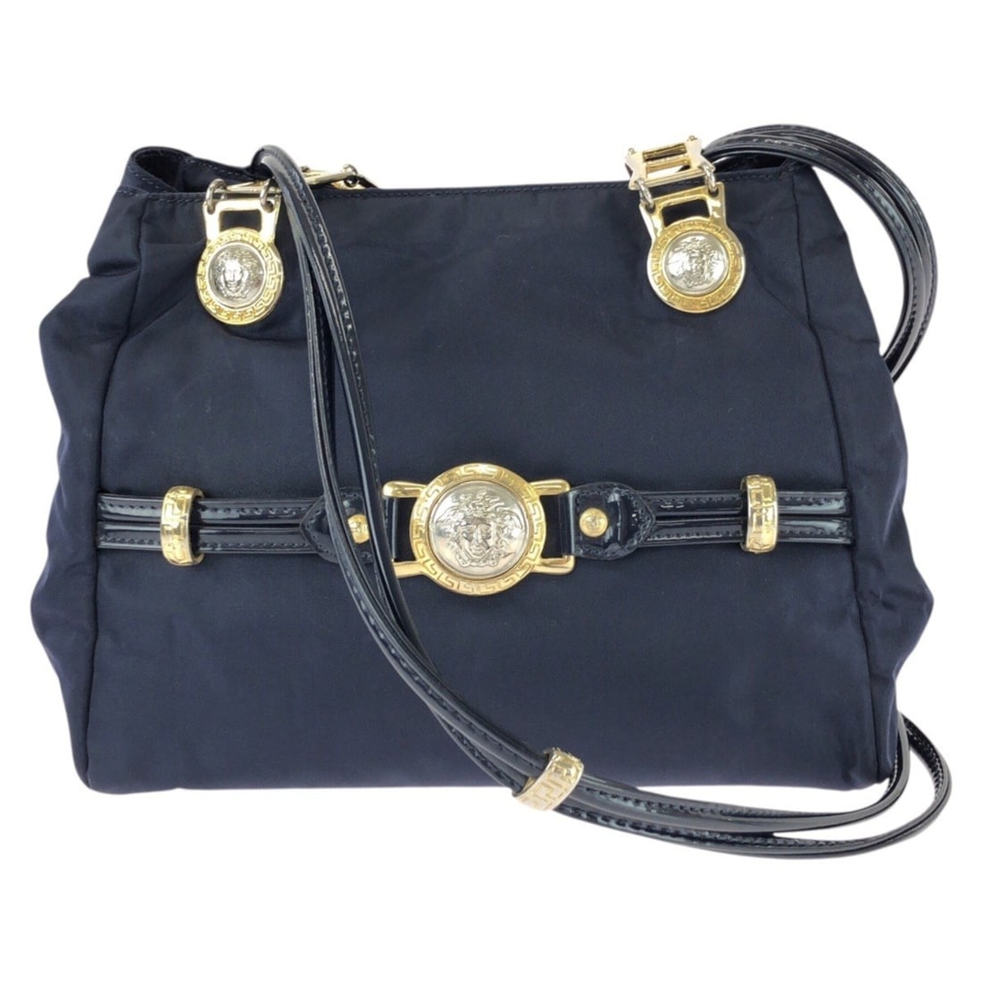 VERSACE Vintage Medusa Navy Gold Hardware Nylon Patent Leather Shoulder Bag for Women (1 of 13)