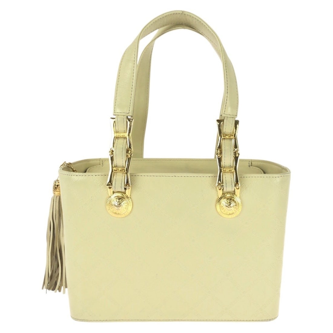 VERSACE Vintage Sunburst Tassel Yellow Leather Plated Handbag for Women: --- Catalog ---Category: SizeSize (HxWxD): 16.5cm x 23cm x 12cm / 6.49'' x 9.05'' x 4.72''Category: DesignType: HandbagColor: YellowGender: WomenMaterial: Leather Hardware Color: GoldCategory: General