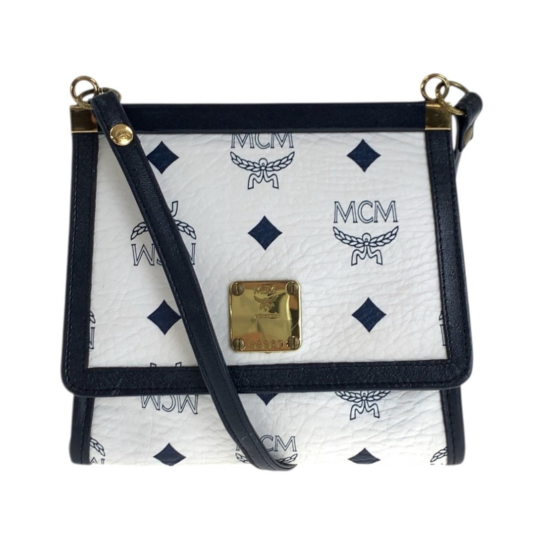 MCM Visetos White Navy Gold Hardware Leather Shoulder Bag Pouch for Women (1 of 10)