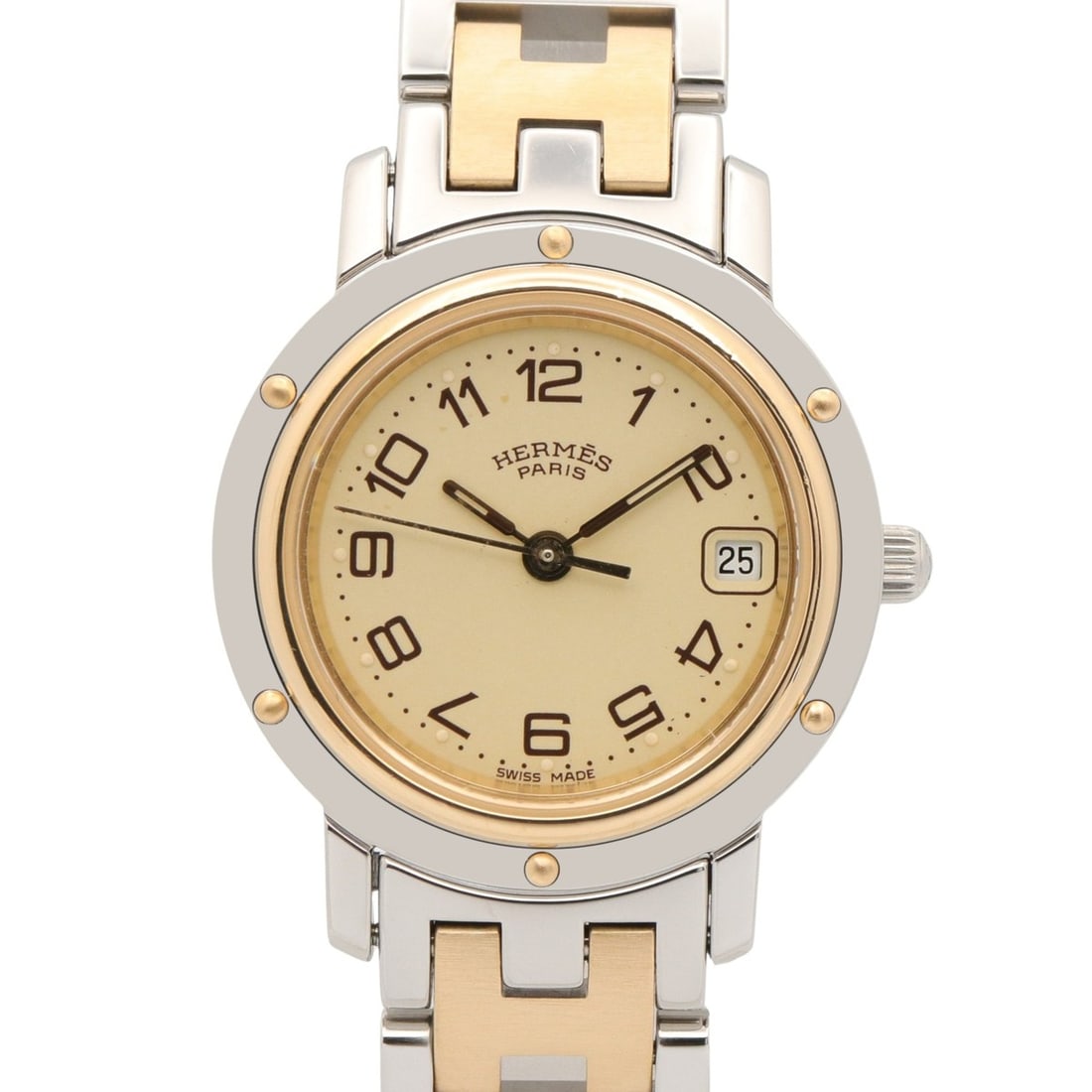Hermes Clipper Two-Tone Watch, Gold Plated Stainless Steel, Women's, Ivory, CL4.220: --- Catalog ---Category: SizeWrist Size: 15cm / 5.9''Case Diameter: 24mm / 0.94''Category: DesignType: WristwatchGender: WomenColor (Dial): IvoryMaterial (Band): Gold plated, Stainless steelMaterial (