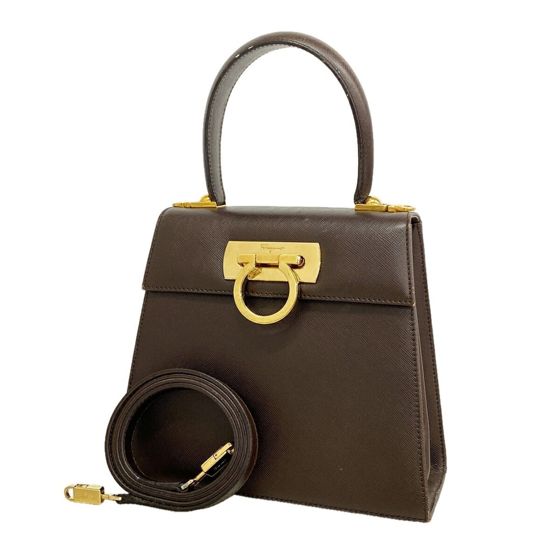 Salvatore Ferragamo Gancini Leather Handbag, Brown, 2-way Bag for Women: --- Catalog ---Category: SizeSize (HxWxD): 18cm x 20cm x 8.5cm / 7.08'' x 7.87'' x 3.34''Category: DesignType: HandbagColor: BrownGender: WomenMaterial: Leather Hardware Color: GoldCategory: GeneralBr