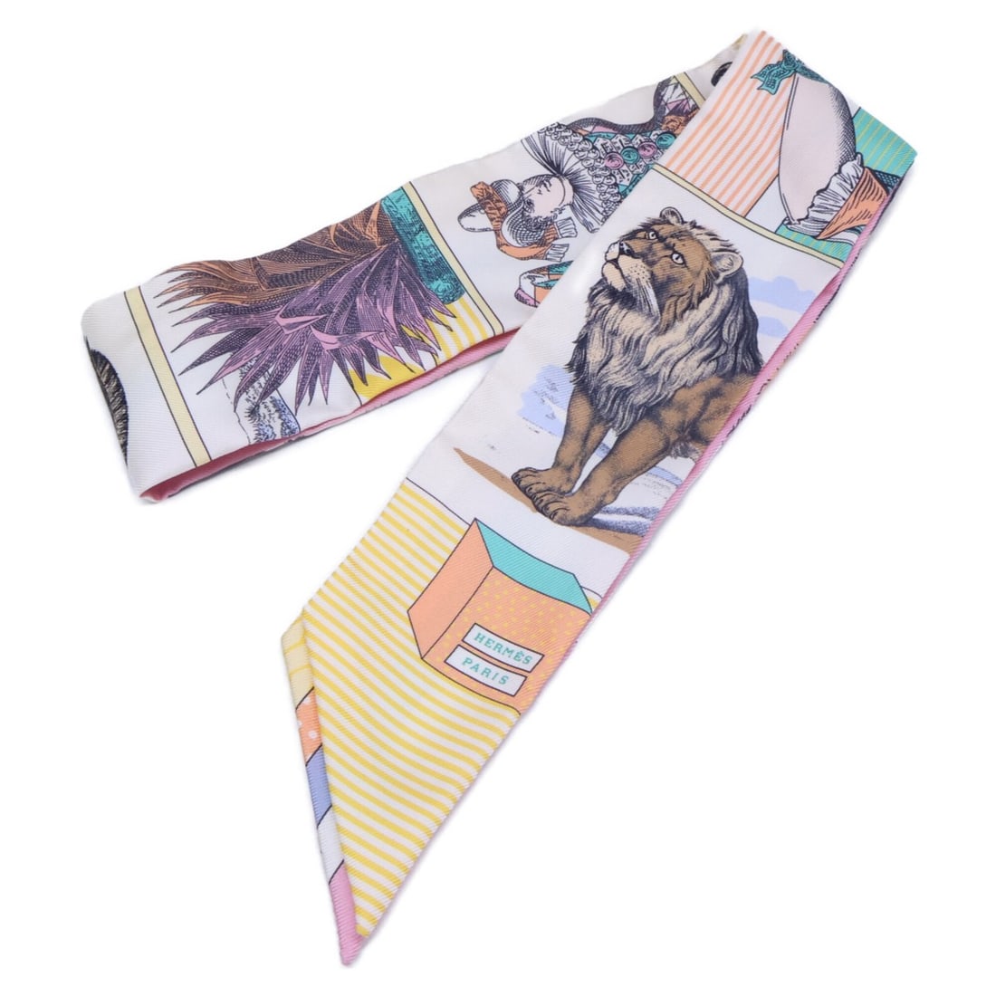 HERMES Grand Théâtre Nouveau Silk Twilly Scarf/Muffler, Pink/Yellow Tones, Women's: --- Catalog ---Category: SizeSize (LxW): 86cm x 5cm / 33.85'' x 1.96''Category: DesignType: ScarfColor: Pink, YellowGender: WomenMaterial: Silk Category: GeneralBrand: Hermes--- Item List ---Section: 
