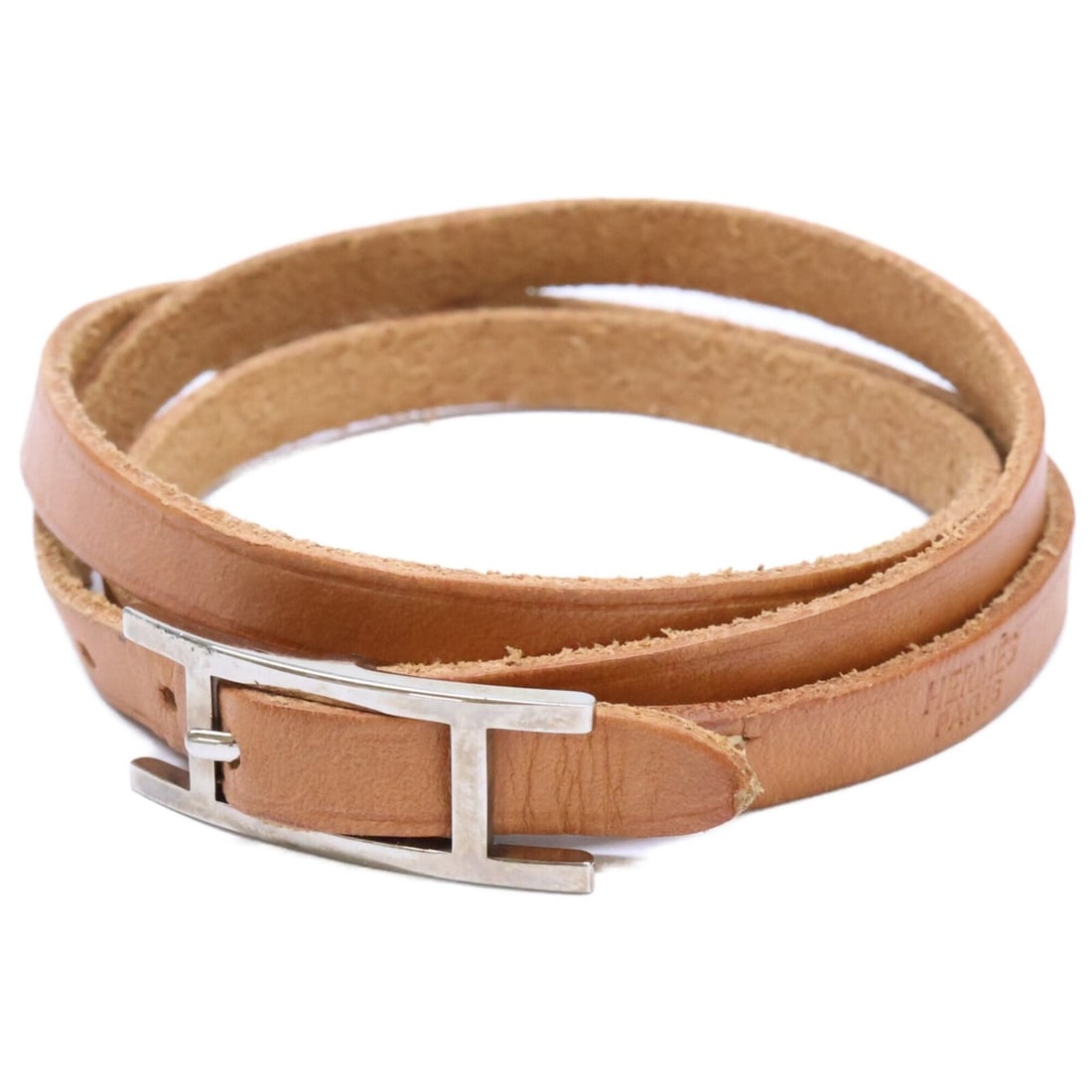 HERMES Hermes Be Api ?S stamp Triple Leather Bracelet Brown Silver Women's (1 of 11)