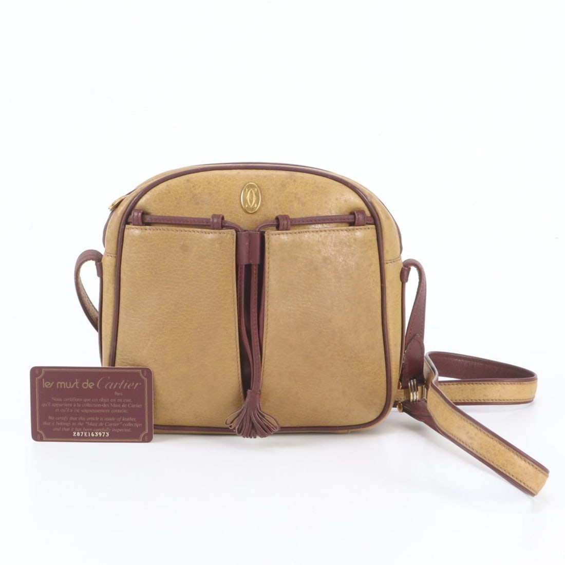 Cartier Must Line Leather Shoulder Bag/Crossbody Bag for Women, with Guarantee Card: --- Catalog ---Category: SizeSize (HxWxD): 19cm x 19cm x 5cm / 7.48'' x 7.48'' x 1.96''Category: DesignType: Crossbody bag, Shoulder bagColor: BrownGender: WomenMaterial: Leather Category: GeneralBran