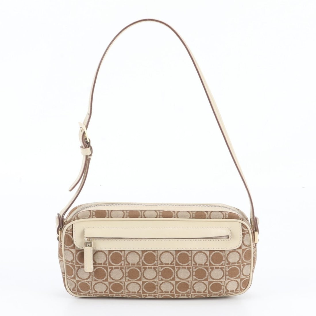 Salvatore Ferragamo Gancini AU-21-3323 Leather Shoulder Bag Handbag for Women: --- Catalog ---Category: SizeSize (HxWxD): 10cm x 22cm x 5cm / 3.93'' x 8.66'' x 1.96''Category: DesignType: Handbag, Shoulder bagColor: Beige, BrownGender: WomenMaterial: Leather , Canvas Category: G