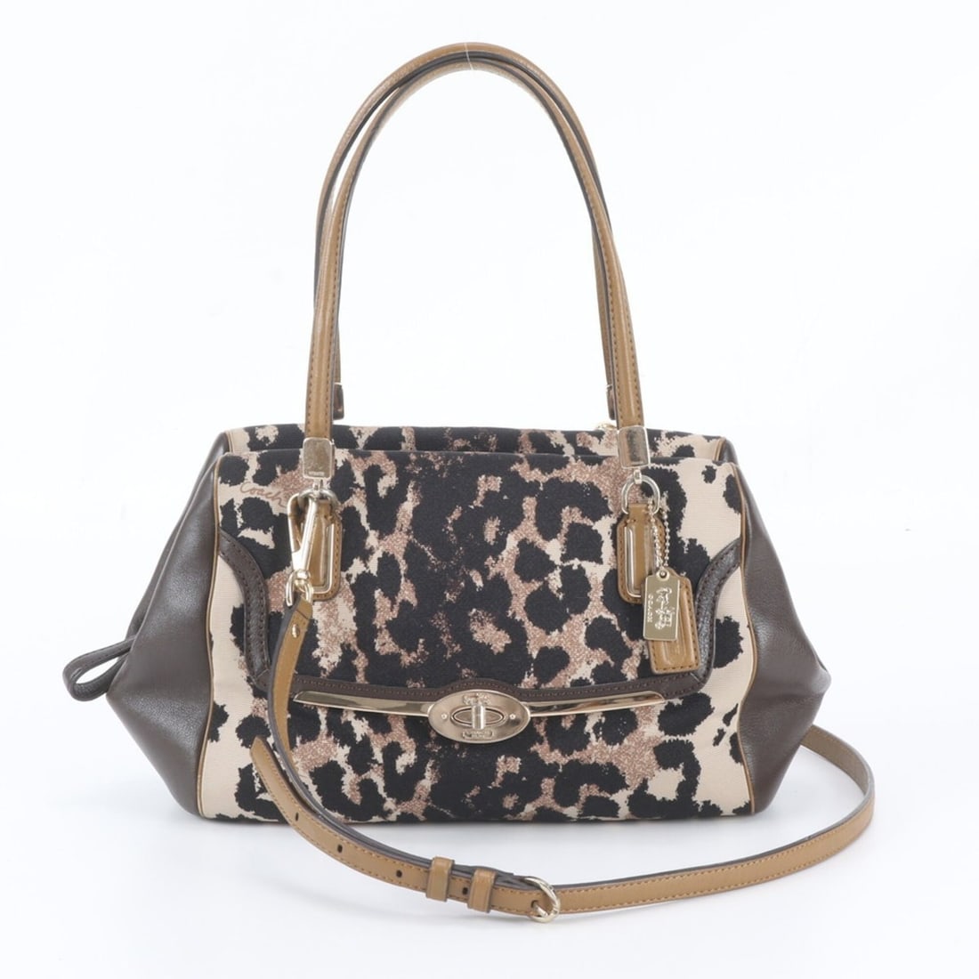 Coach Madison 25642 Leather Canvas 2-Way Shoulder Bag Handbag Tote for Women: --- Catalog ---Category: SizeSize (HxWxD): 18cm x 27cm x 10cm / 7.08'' x 10.62'' x 3.93''Category: DesignType: Handbag, Shoulder bag, Tote bagColor: BrownGender: WomenMaterial: Leather , Canvas Catego
