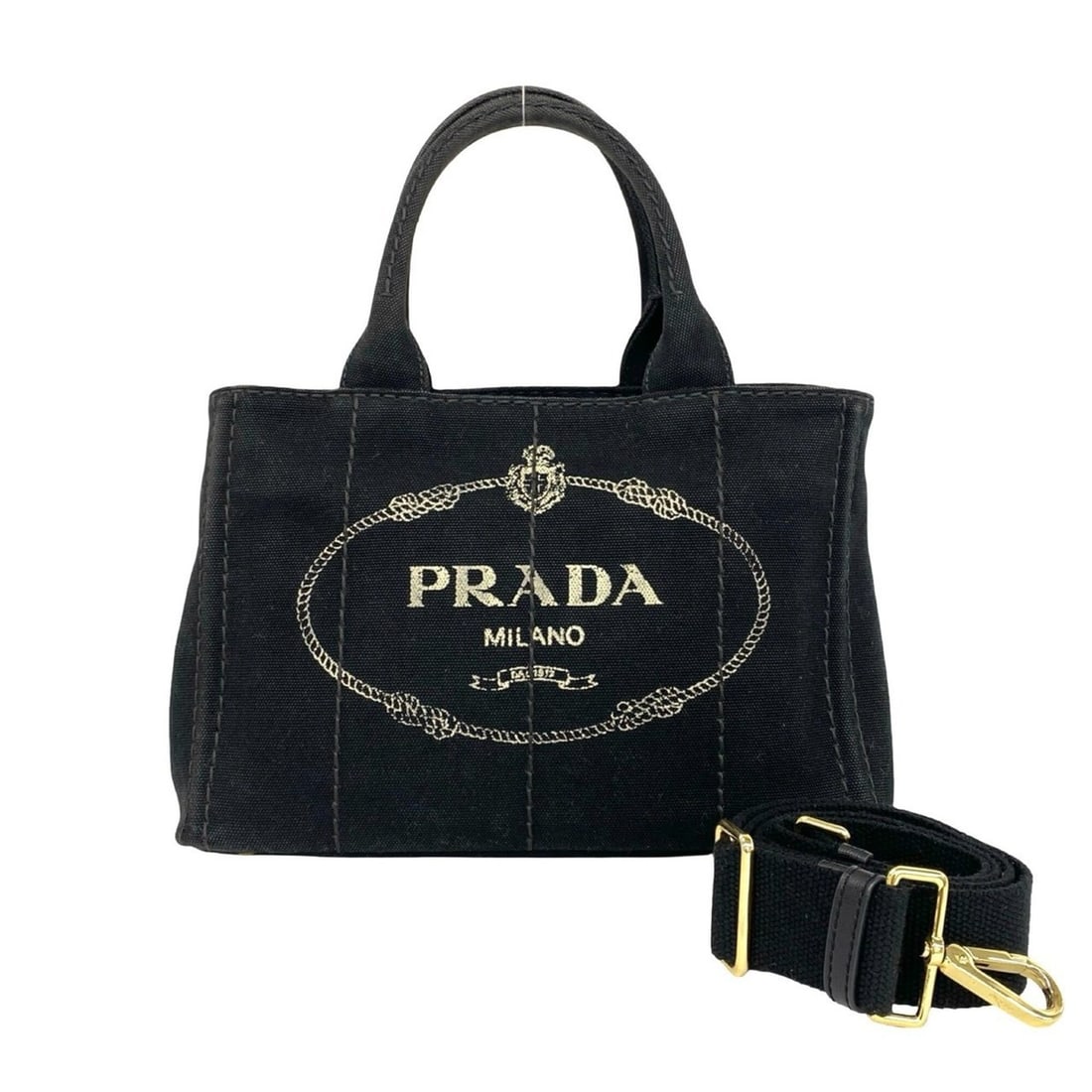 PRADA Canapa Triangle Logo Hardware Canvas 2-way Shoulder Bag Handbag Mini Tote Black 35400 (1 of 10)